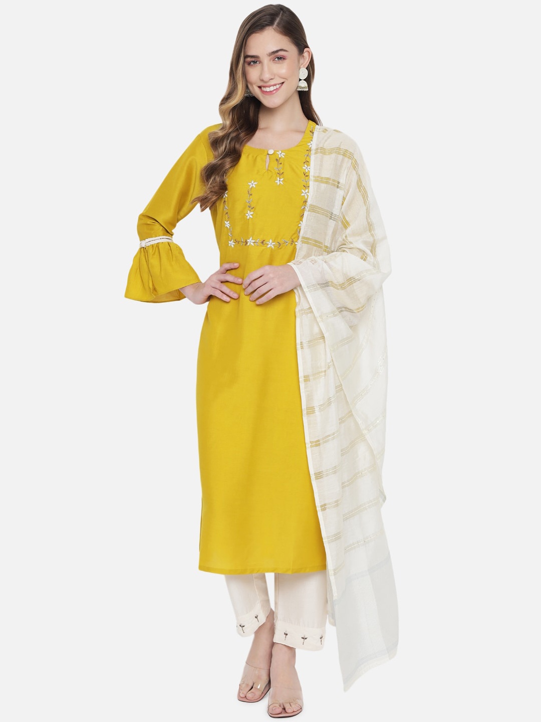 

VAABASTA Woman Mustard Embroidered Kurta with Trousers & Dupatta