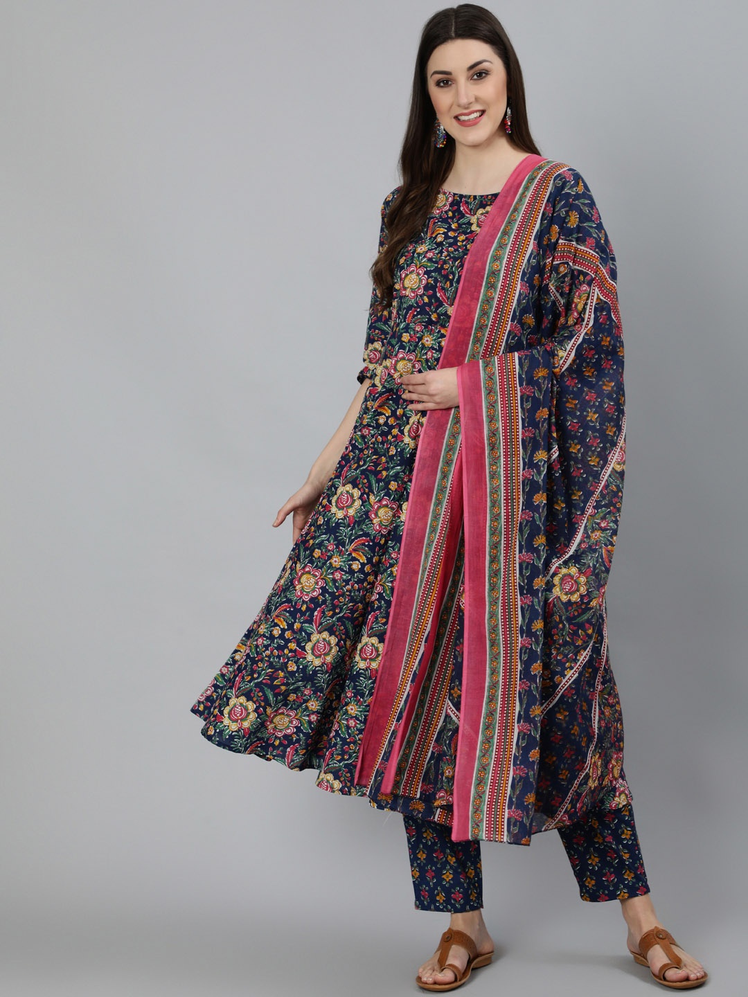 

Nayo Woman Blue Floral Printed Pure Cotton Kurta with Trousers & With Dupatta
