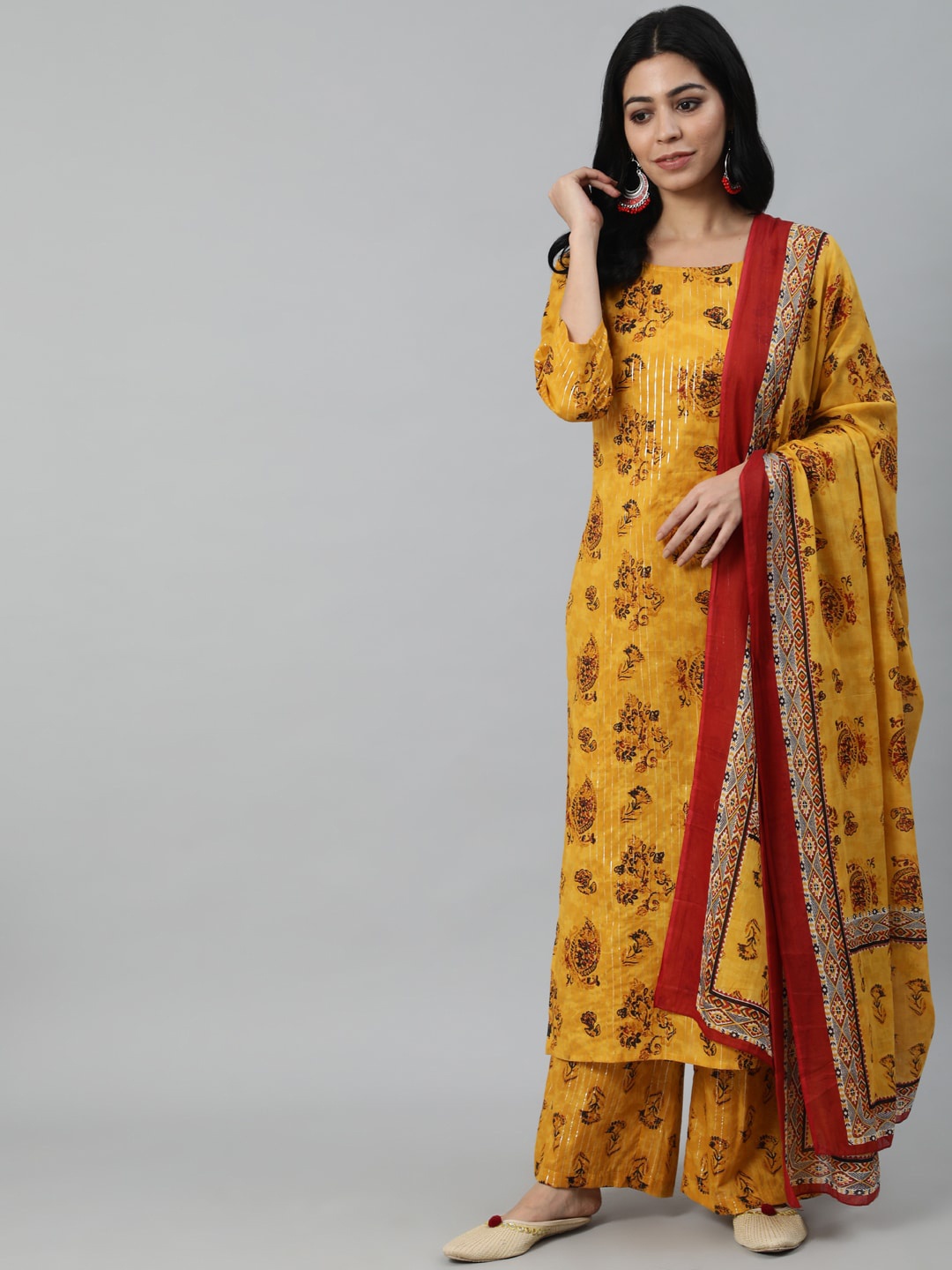 

Nayo Women Mustard Yellow Ethnic Motifs Printed Layered Pure Cotton Kurta with Sharara & With Dupatta