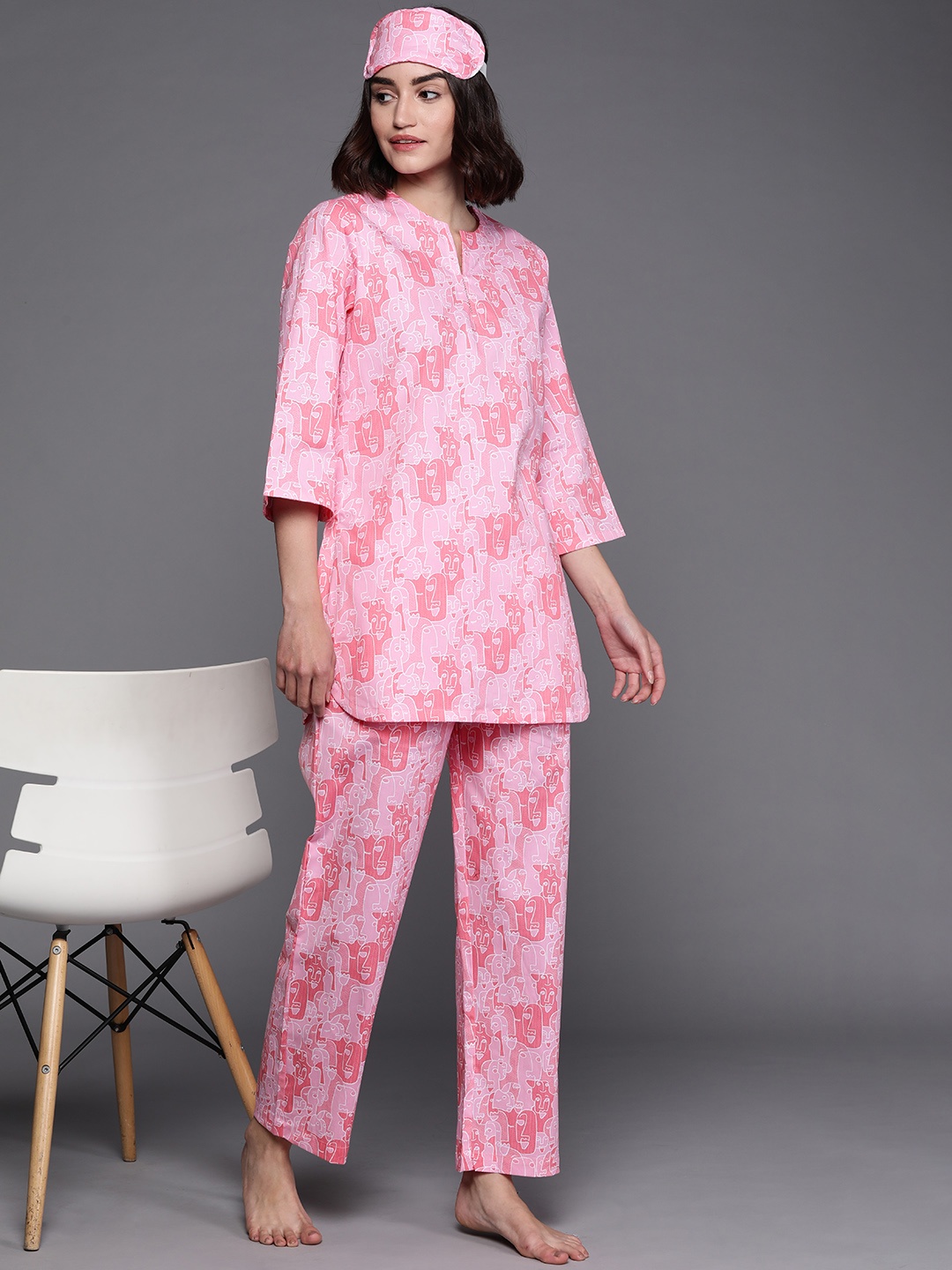 

Biba Women Pink Printed Pyjamas Set with Eye Mask