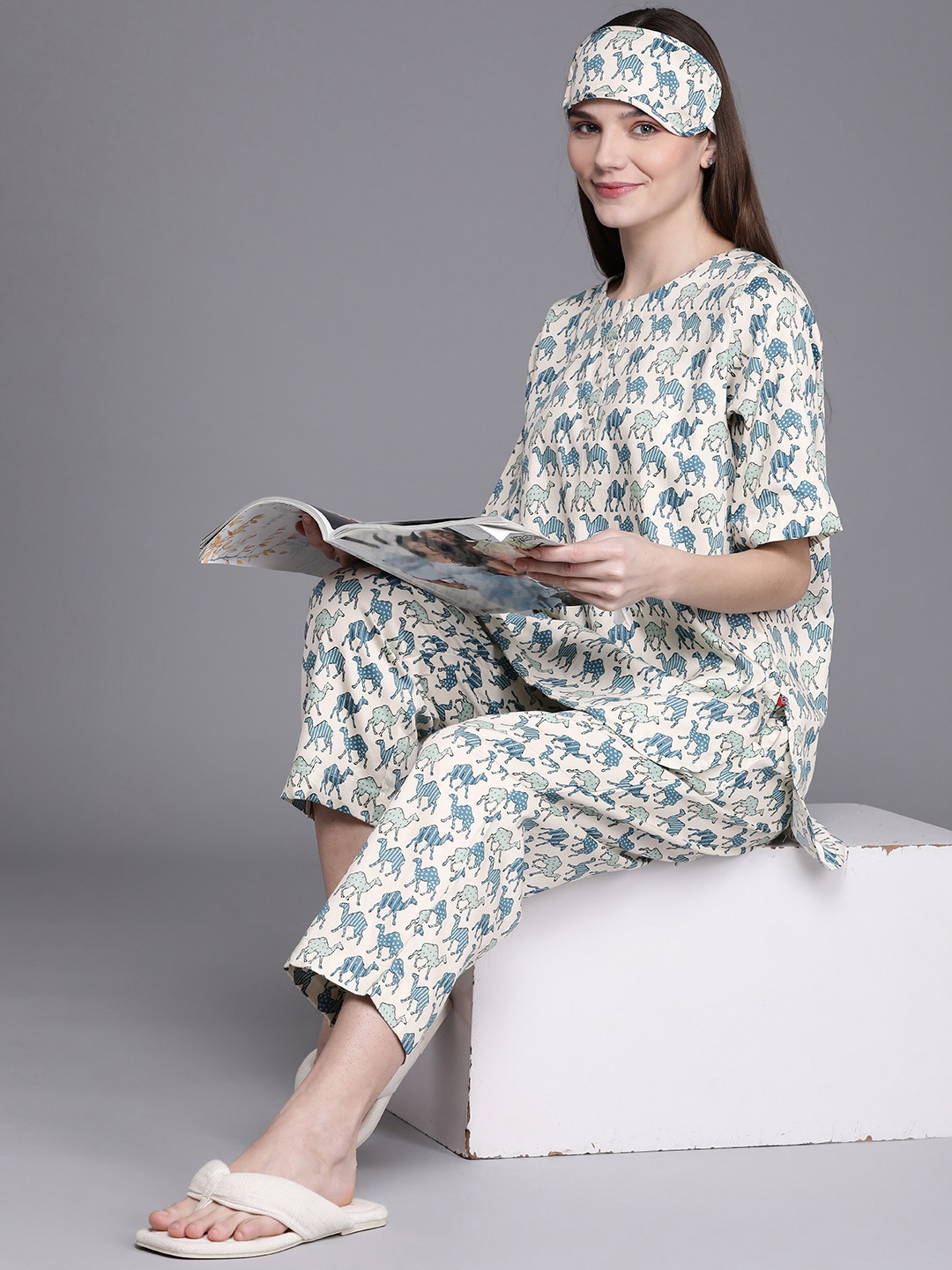 

Biba Women Cream-Coloured Printed Night suit SURREAL 063CREAM