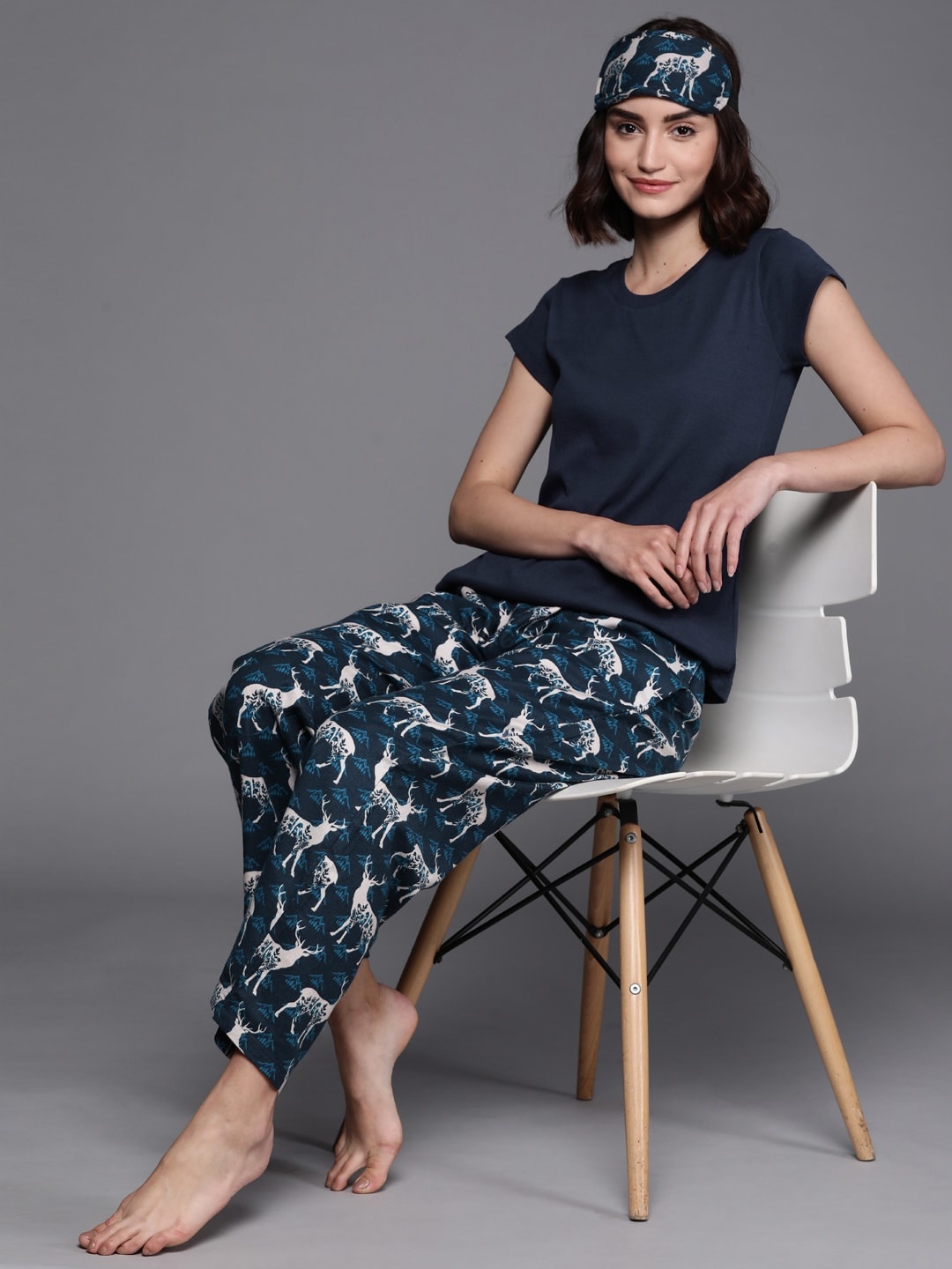 

Biba Women Navy Blue & White Printed Pyjamas Set with Eye Mask