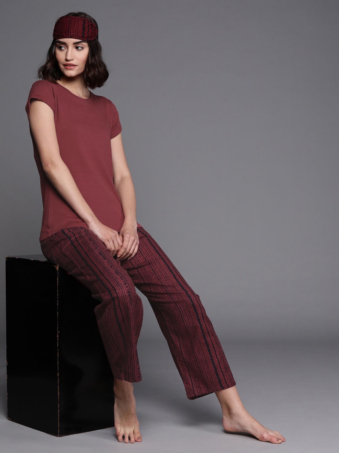 

Biba Women Burgundy Striped Pyjamas Set with Eye Mask