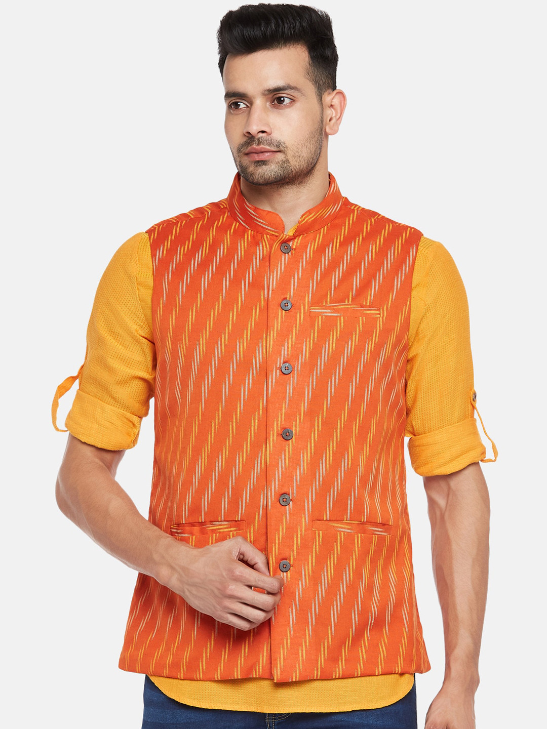 

indus route by Pantaloons Men Beige Woven Design Pure Cotton Nehru Jacket, Orange