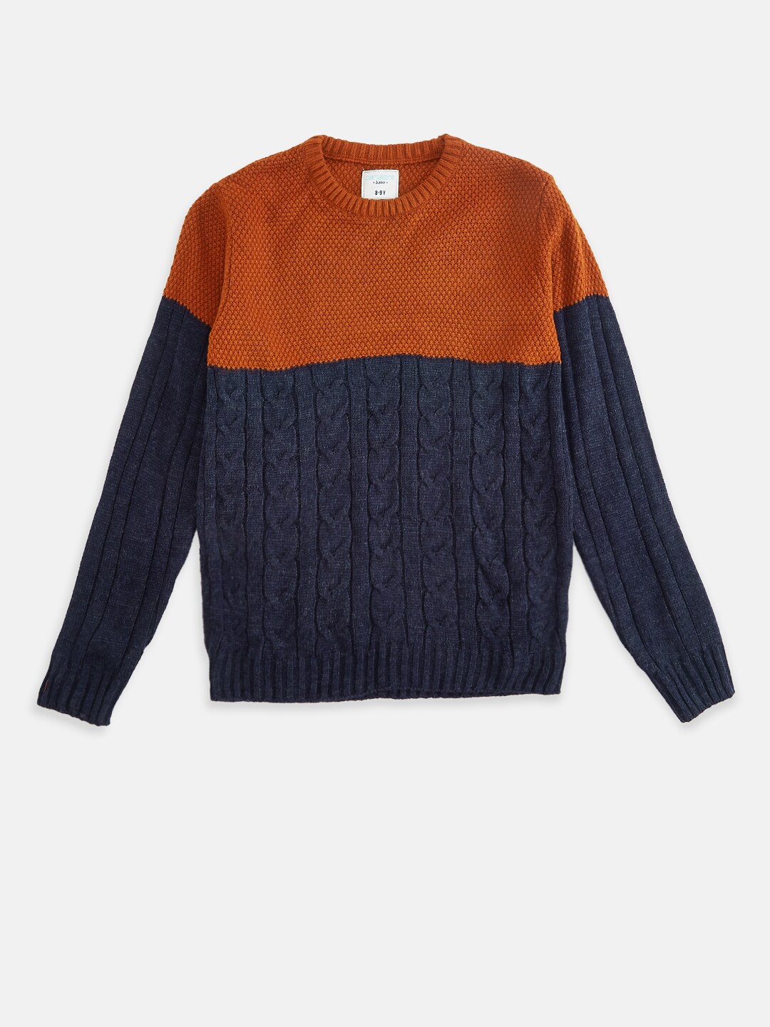 

Pantaloons Junior Boys Navy Blue & Brown Cable Knit Colourblocked Pullover