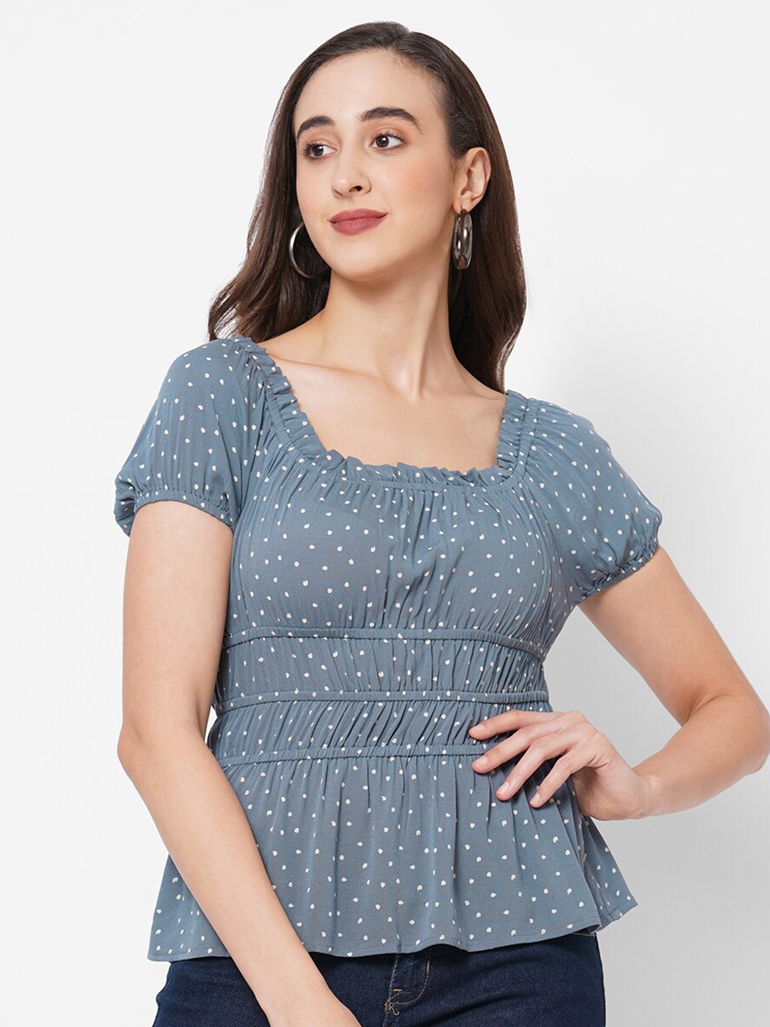 

PAPA BRANDS Grey & White Print Cinched Waist Top