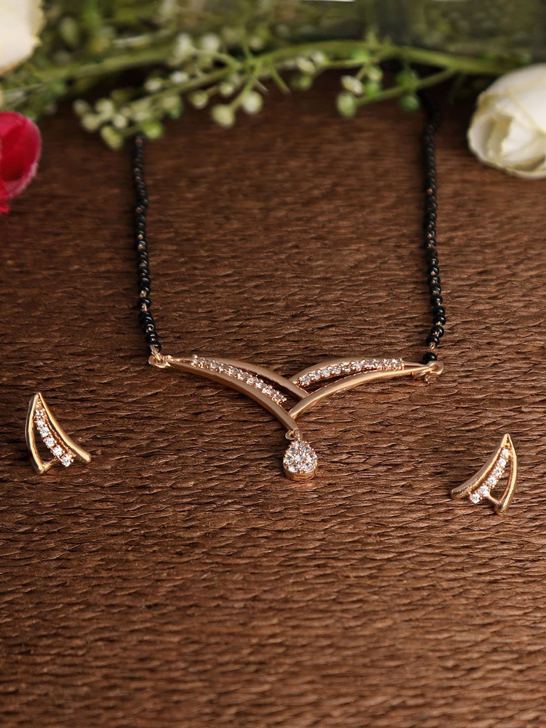 

ZINU Gold-Toned & Plated CZ Studded Mangalsutra With Earrings