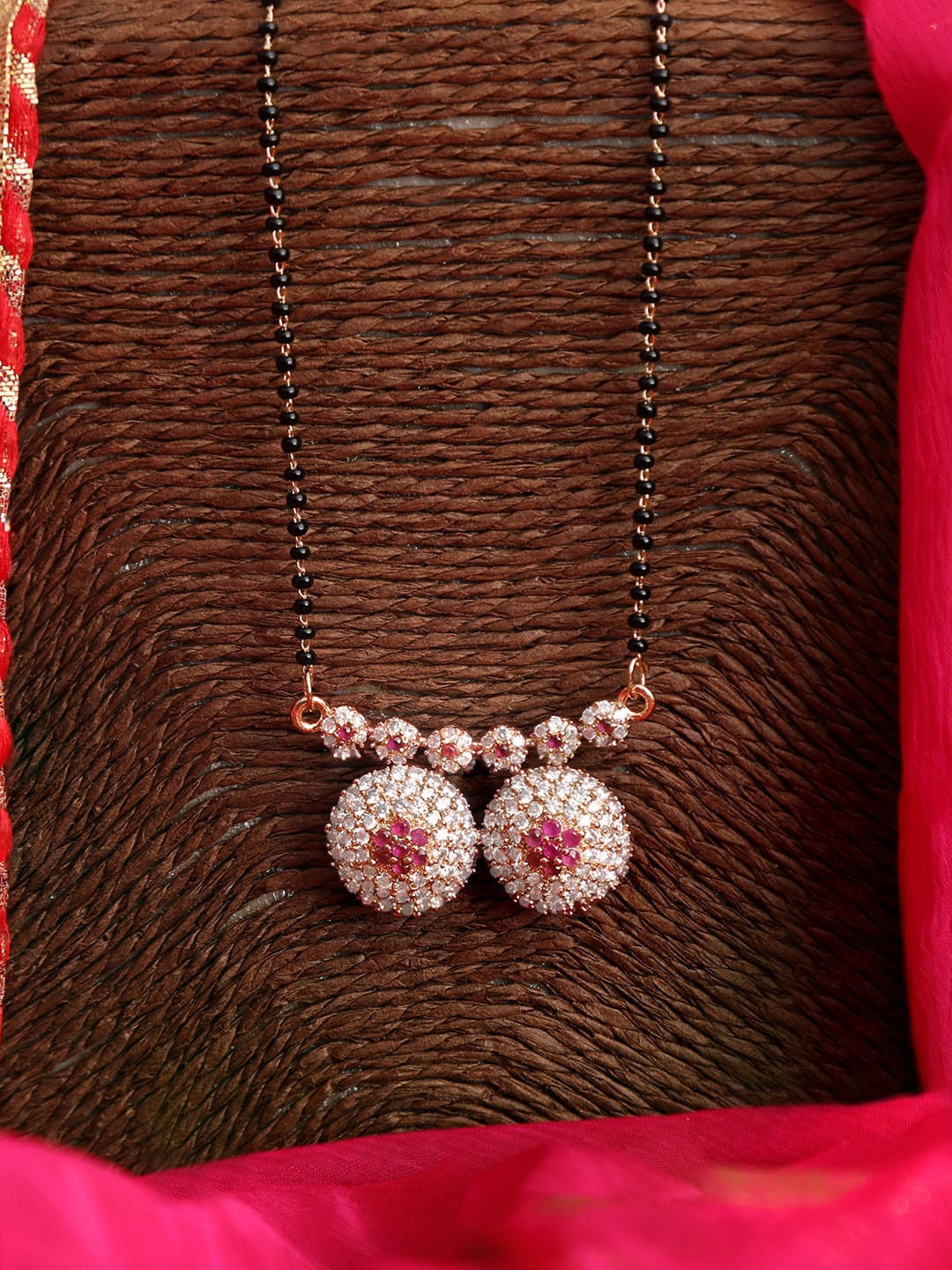 

ZINU Gold-Plated White & Pink CZ-Studded & Black Beaded Mangalsutra