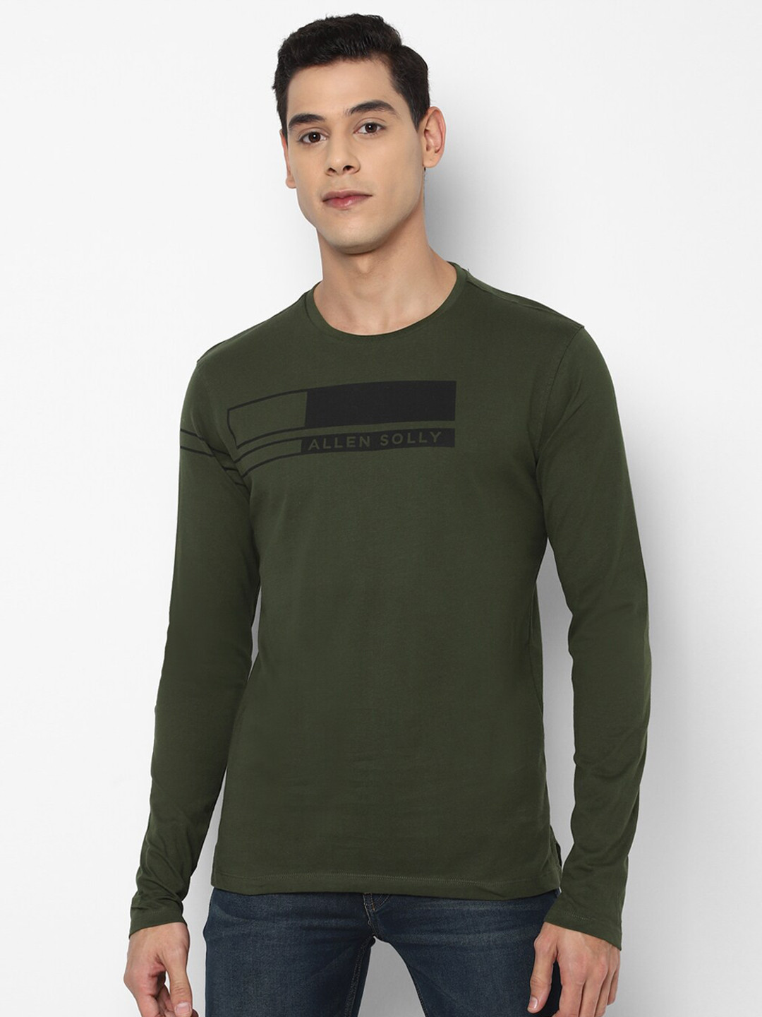 

Allen Solly Men Olive Green & Black Brand Logo Printed Pure Cotton T-shirt