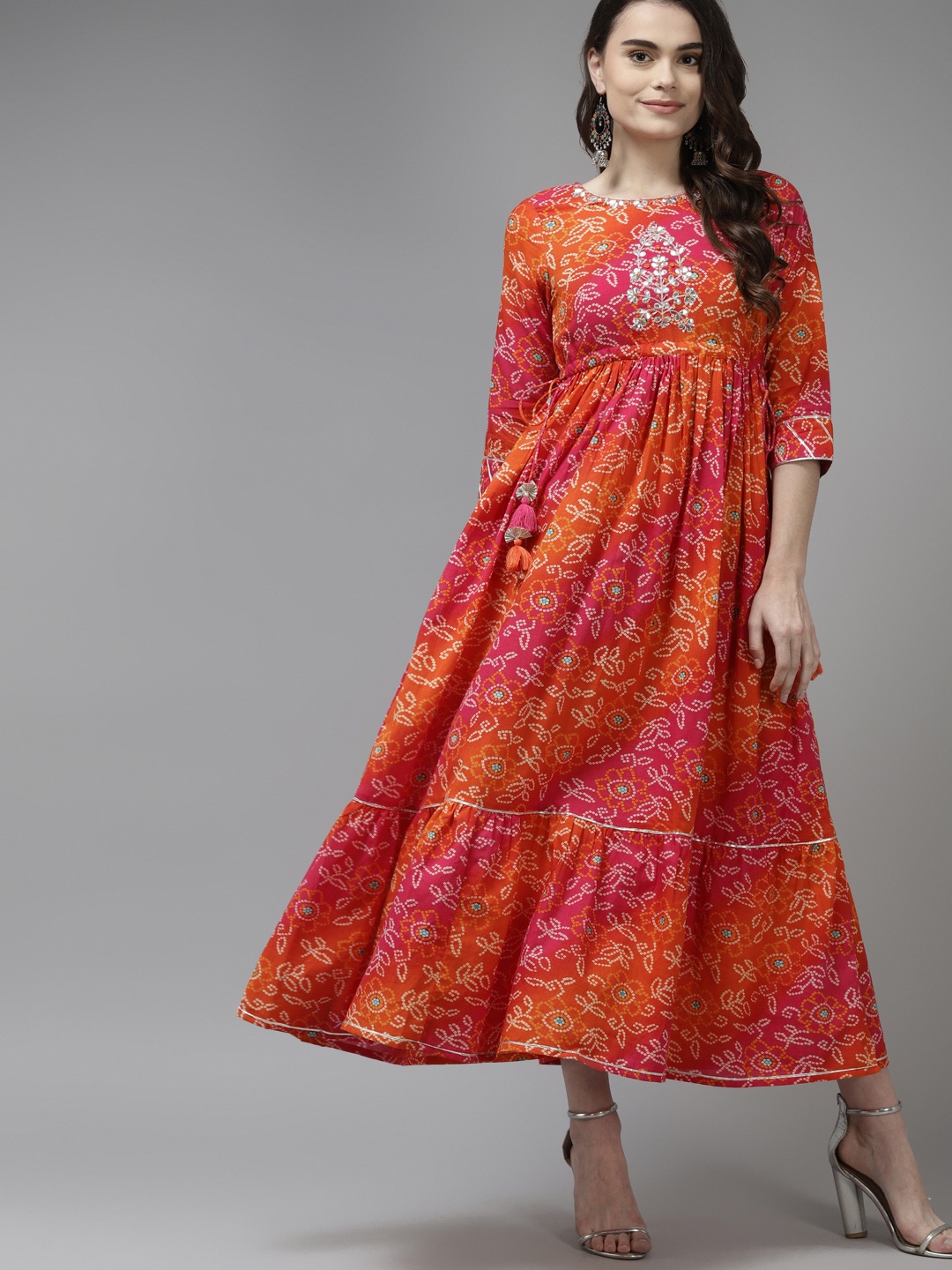 

Amirah s Orange & White Bandhani Print Ethnic Midi Dress with Gotta Patti