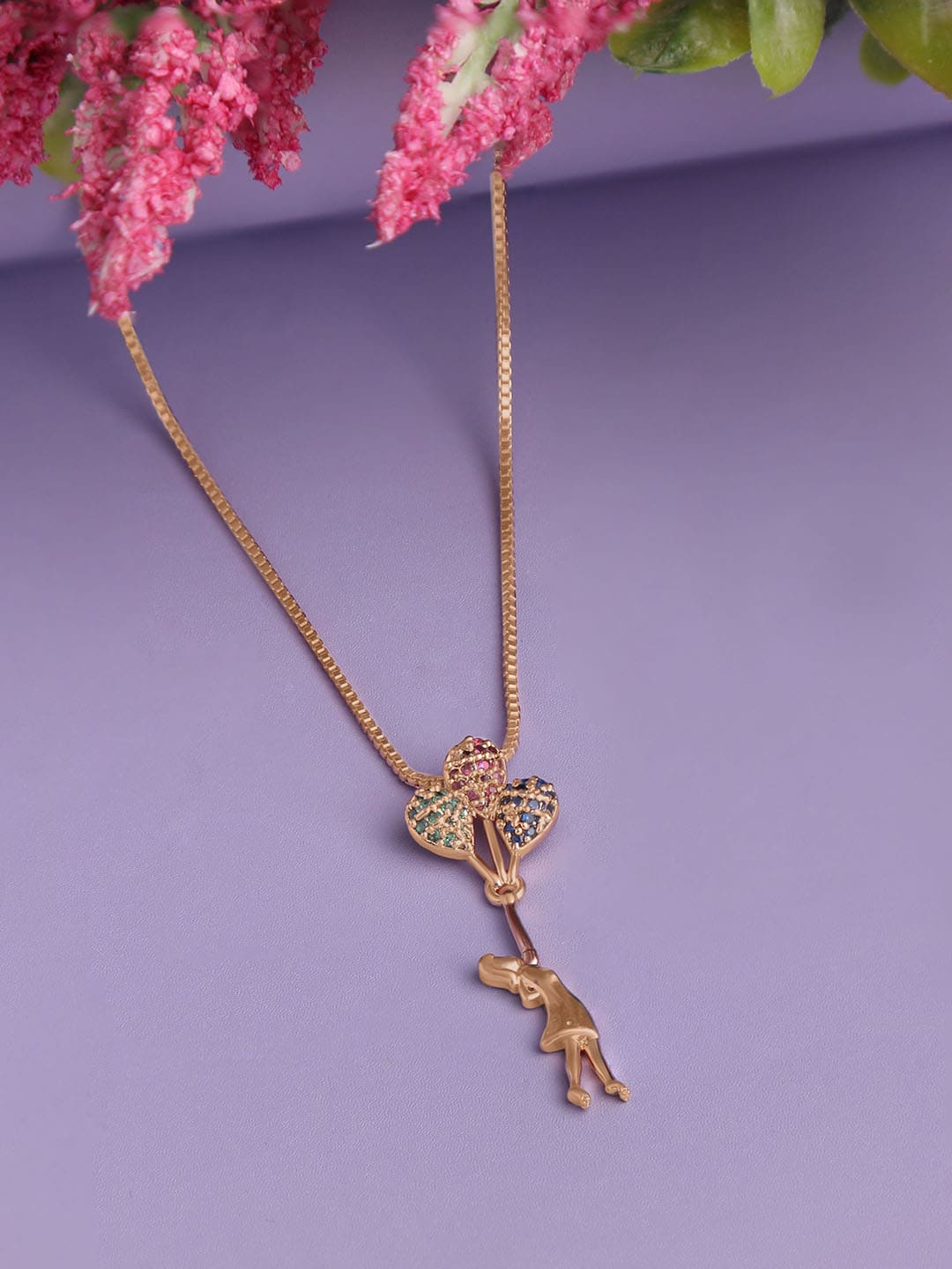 

ZINU Gold Toned Pink & Green CZ Stone Studded Pendant With Chain