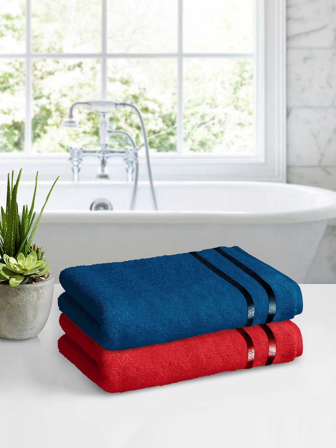 

Story@home Blue & Red Pack Of 2 450 GSM Pure Cotton Medium Bath Towels