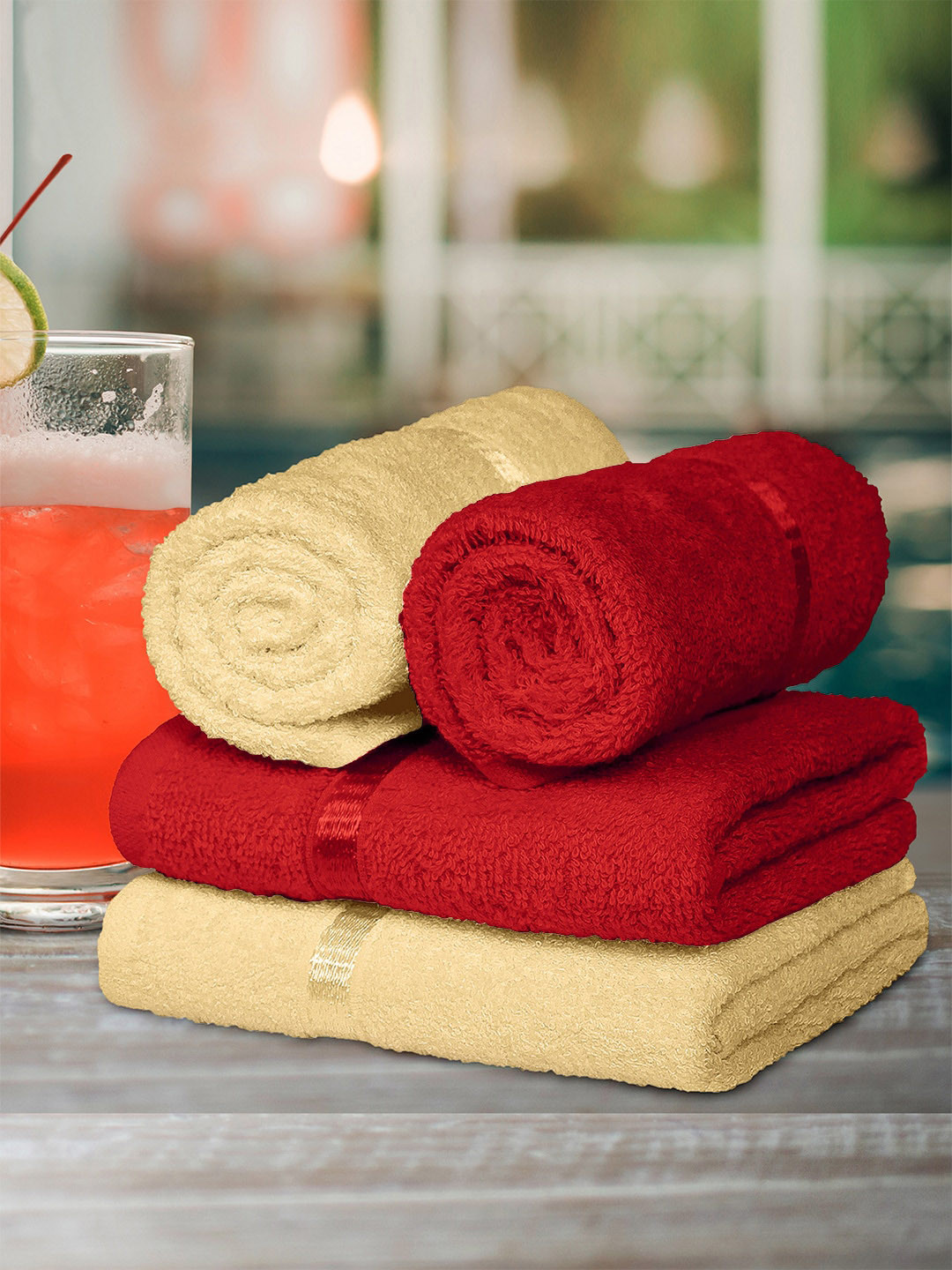 

Story@home Set Of 4 Beige & Red Solid 450 GSM Hand Towel