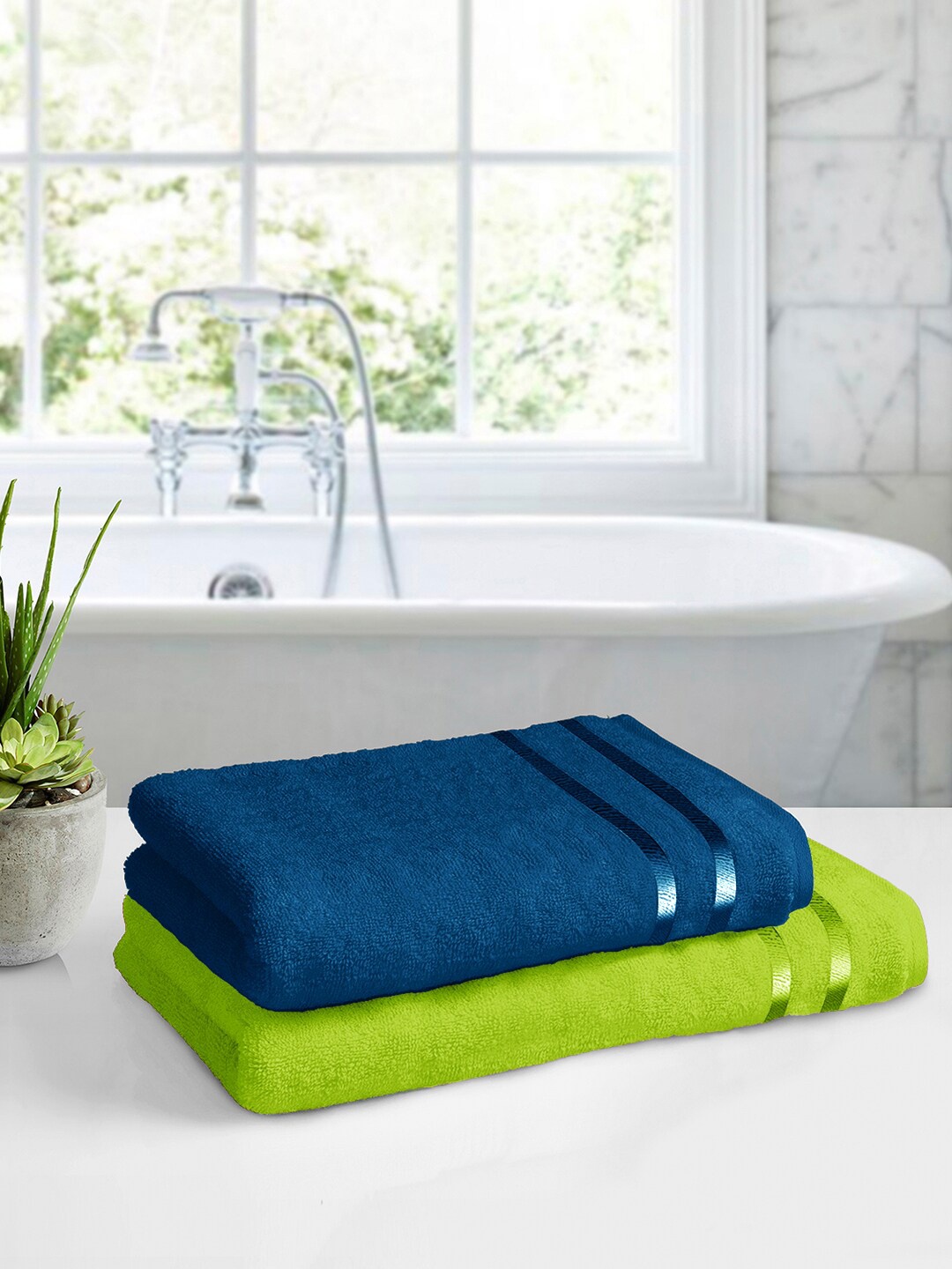 

Story@home Blue & Green Pack Of 2 450GSM Pure Cotton Bath Towels, Navy blue