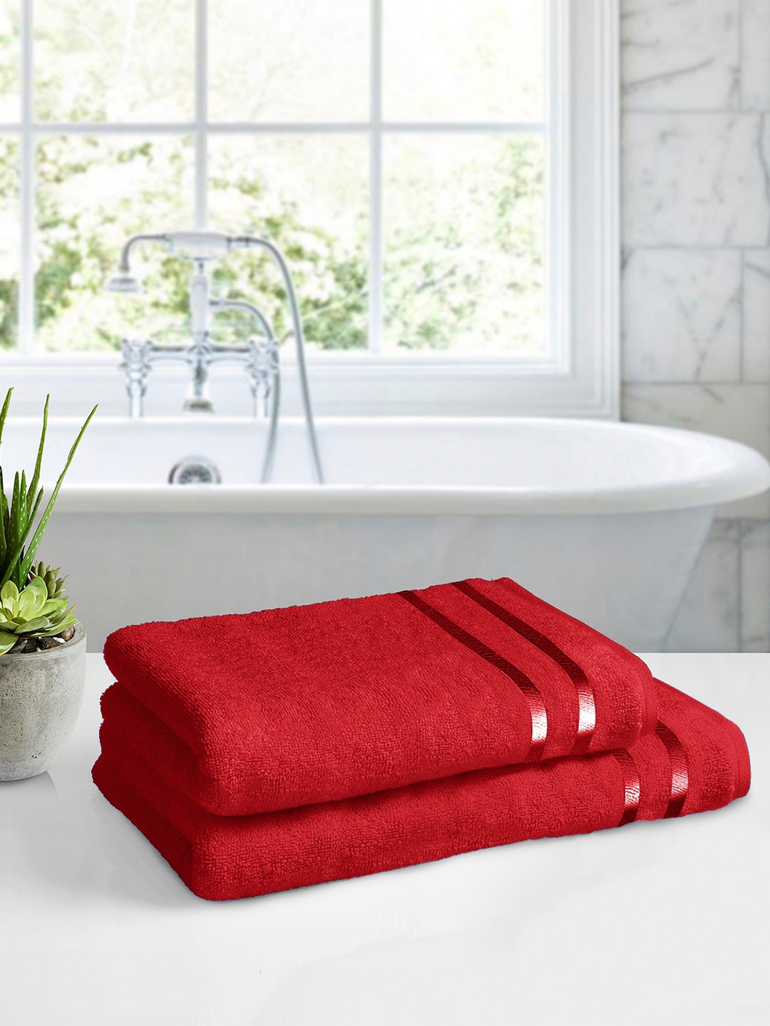 

Story@home Set of 2 Solid 450 GSM Pure Cotton Bath Towel, Red