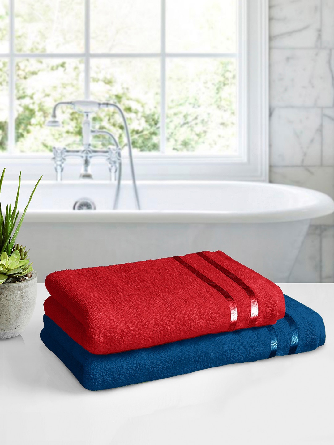 

Story@home Set of 2 Solid 450 GSM Pure Cotton Bath Towel, Red