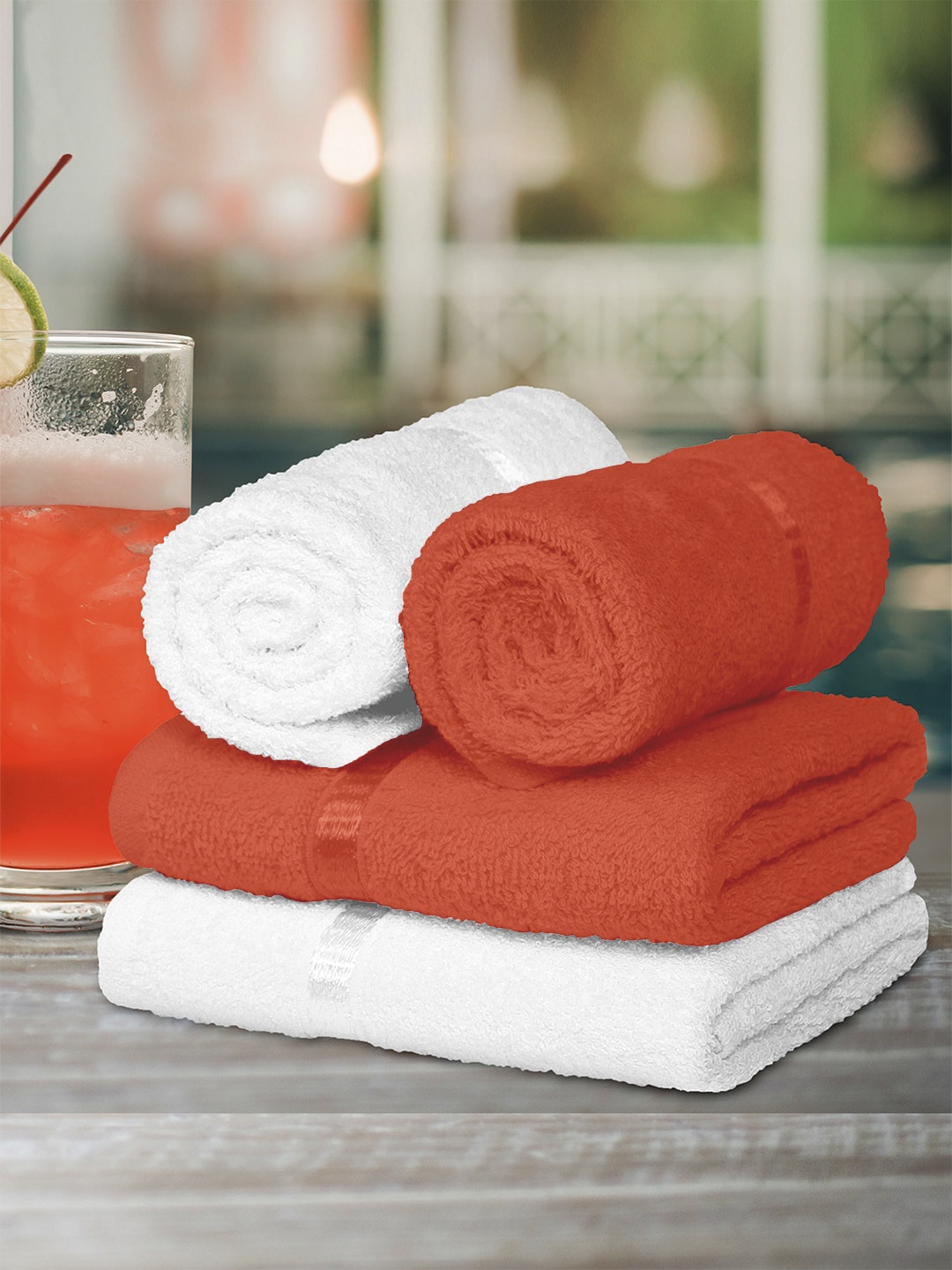 

Story@home Set of 4 White & Orange 450 GSM Cotton Hand Towels