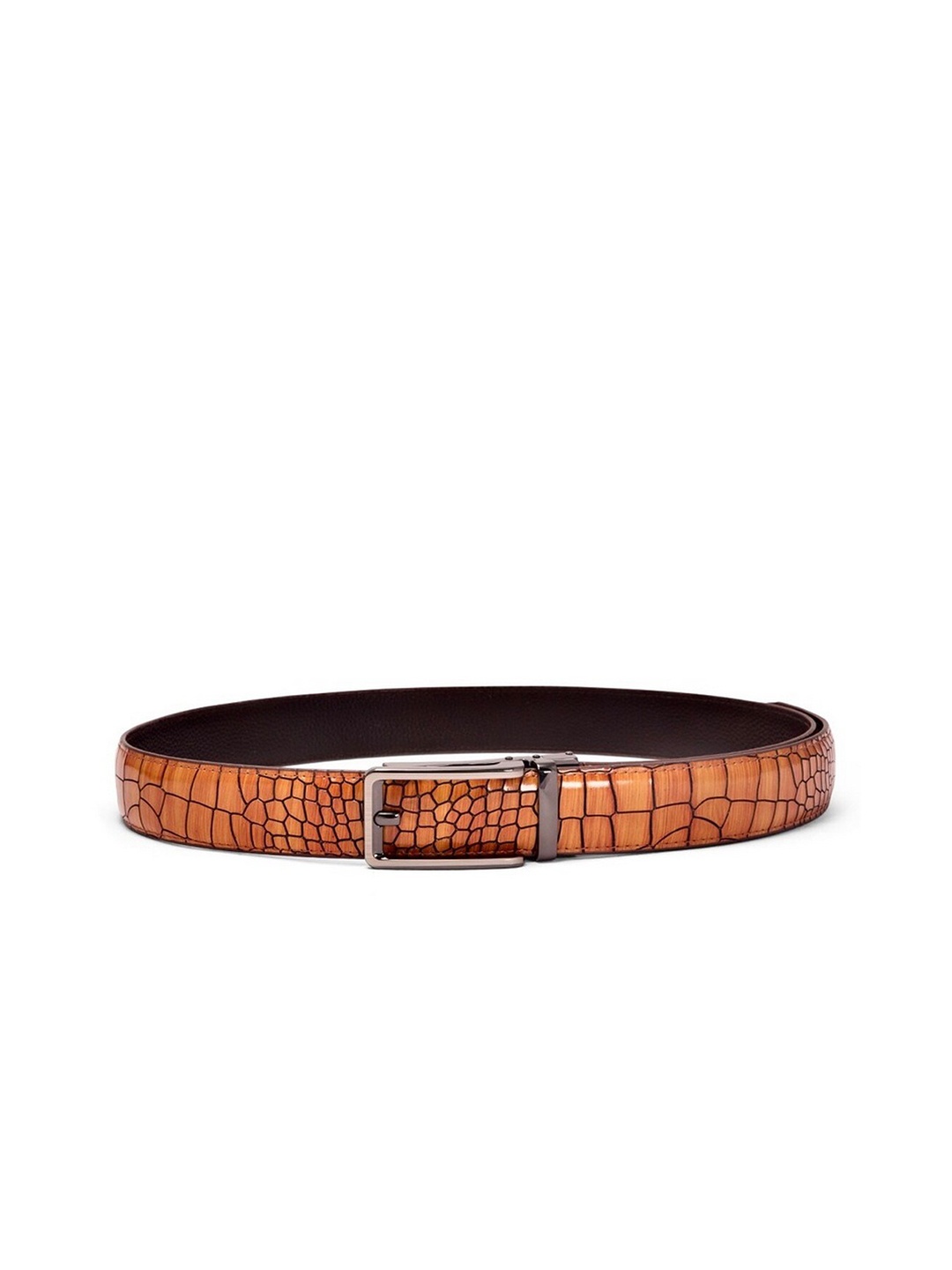 

ELOPPE Men Camel Brown Textured Slim Leather Belt