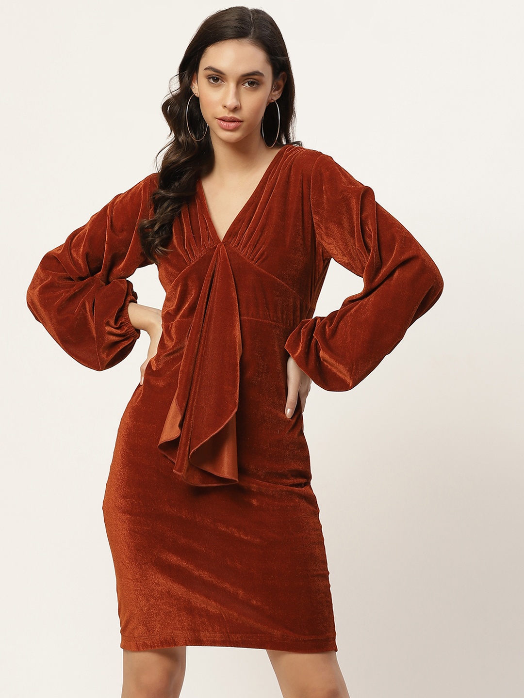 

WISSTLER Women Rust Orange Velvet Sheath Dress