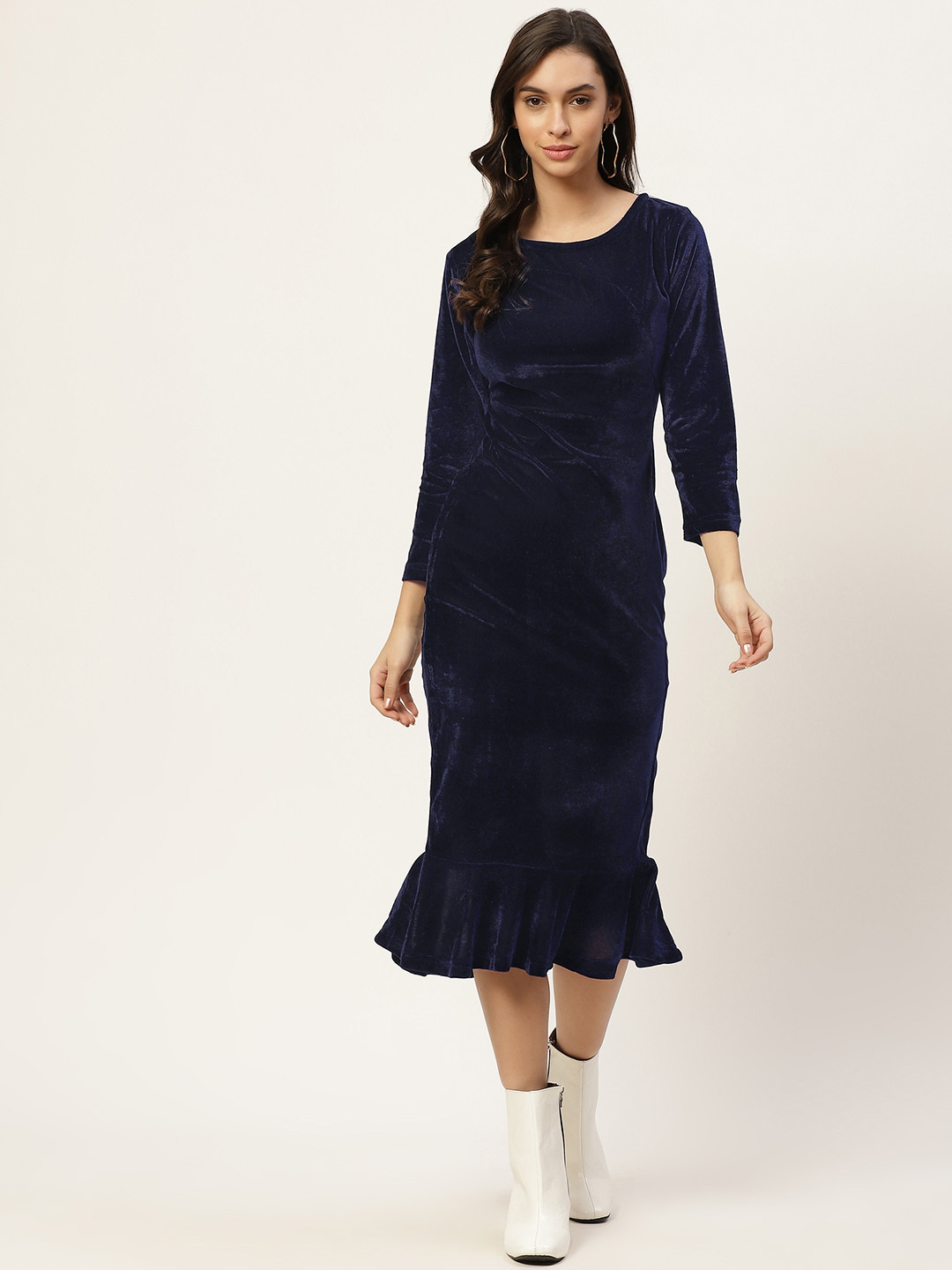 

WISSTLER Navy Blue Velvet Sheath Midi Dress