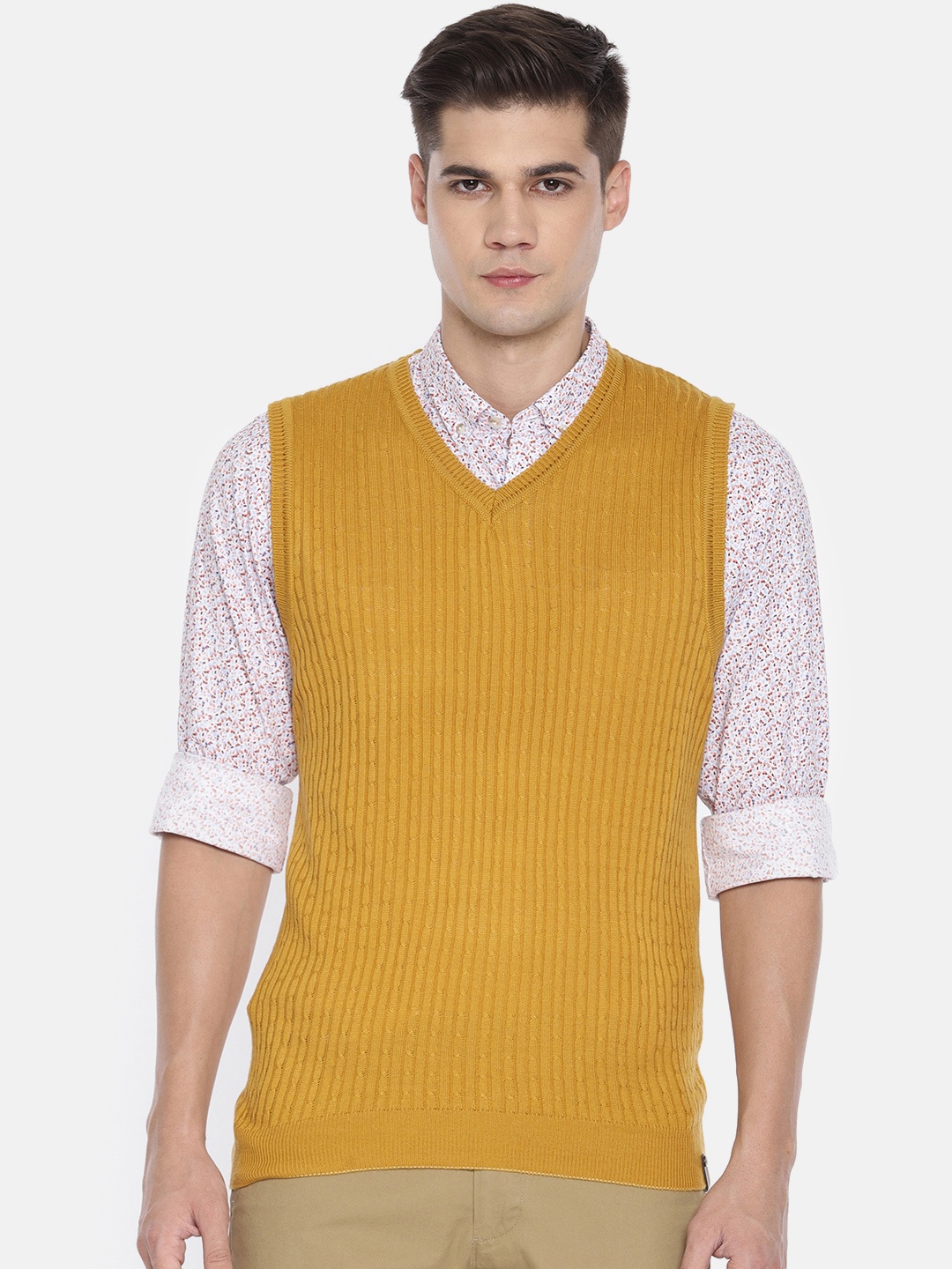 

Peter England Casuals Men Mustard Yellow Self Design Sweater