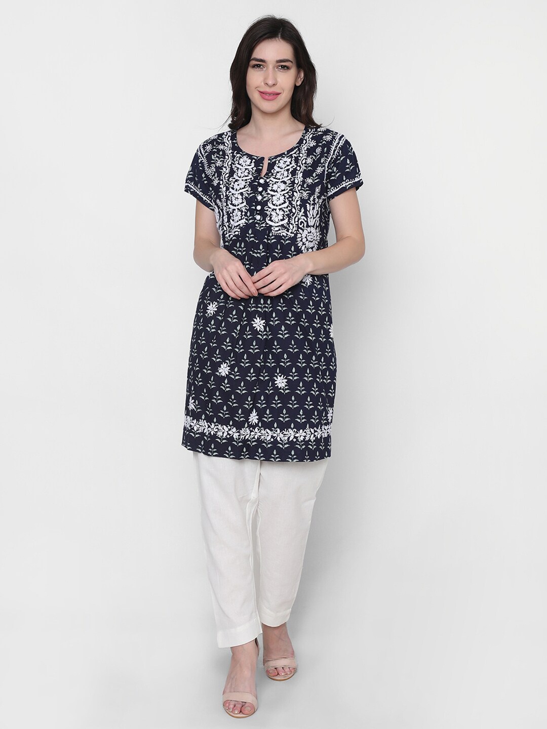 

HOUSE OF KARI Blue & White Chickenkari Embroidered Tunic