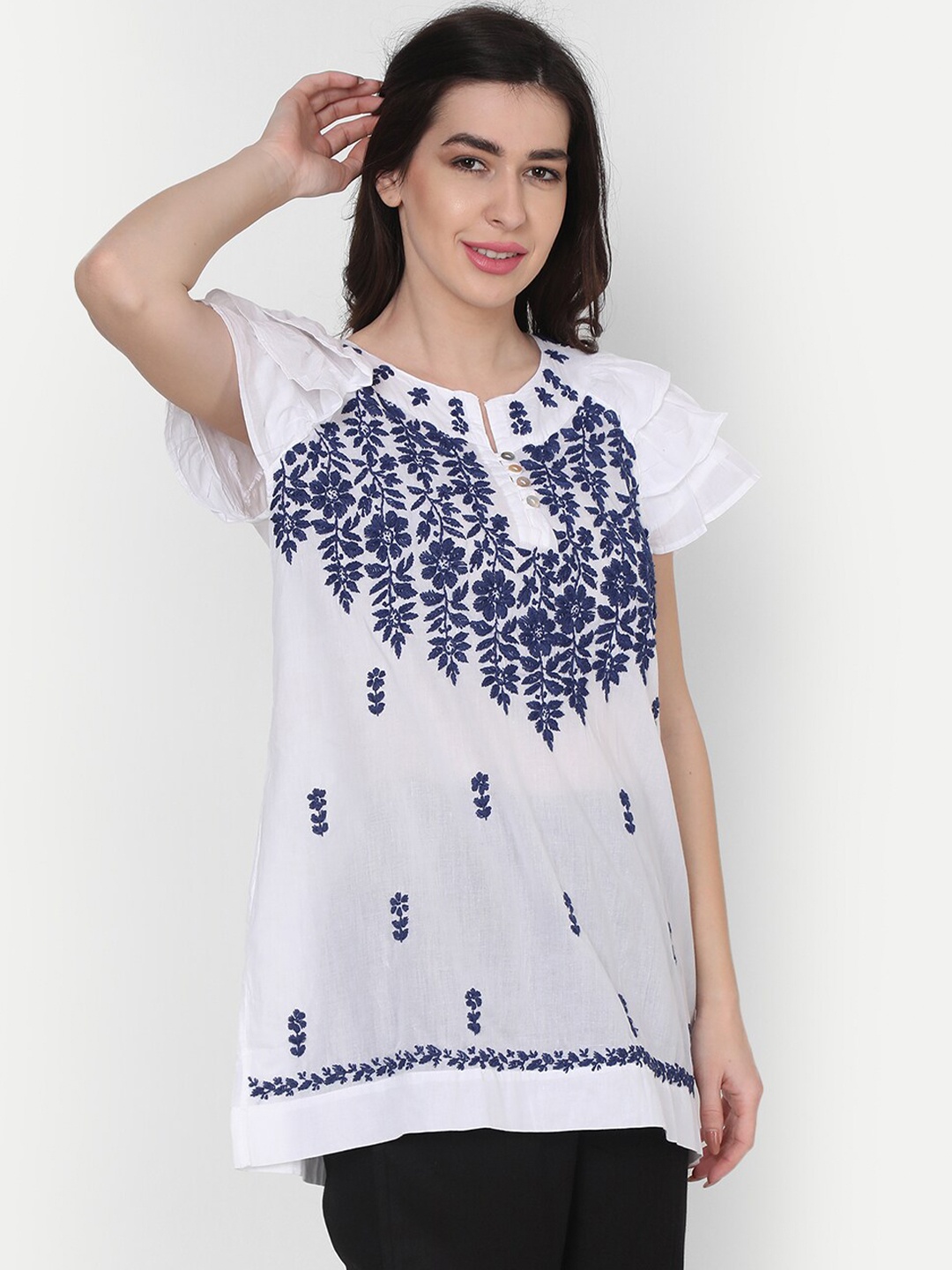 

HOUSE OF KARI White & Blue Chinakari Embroidered Tunic
