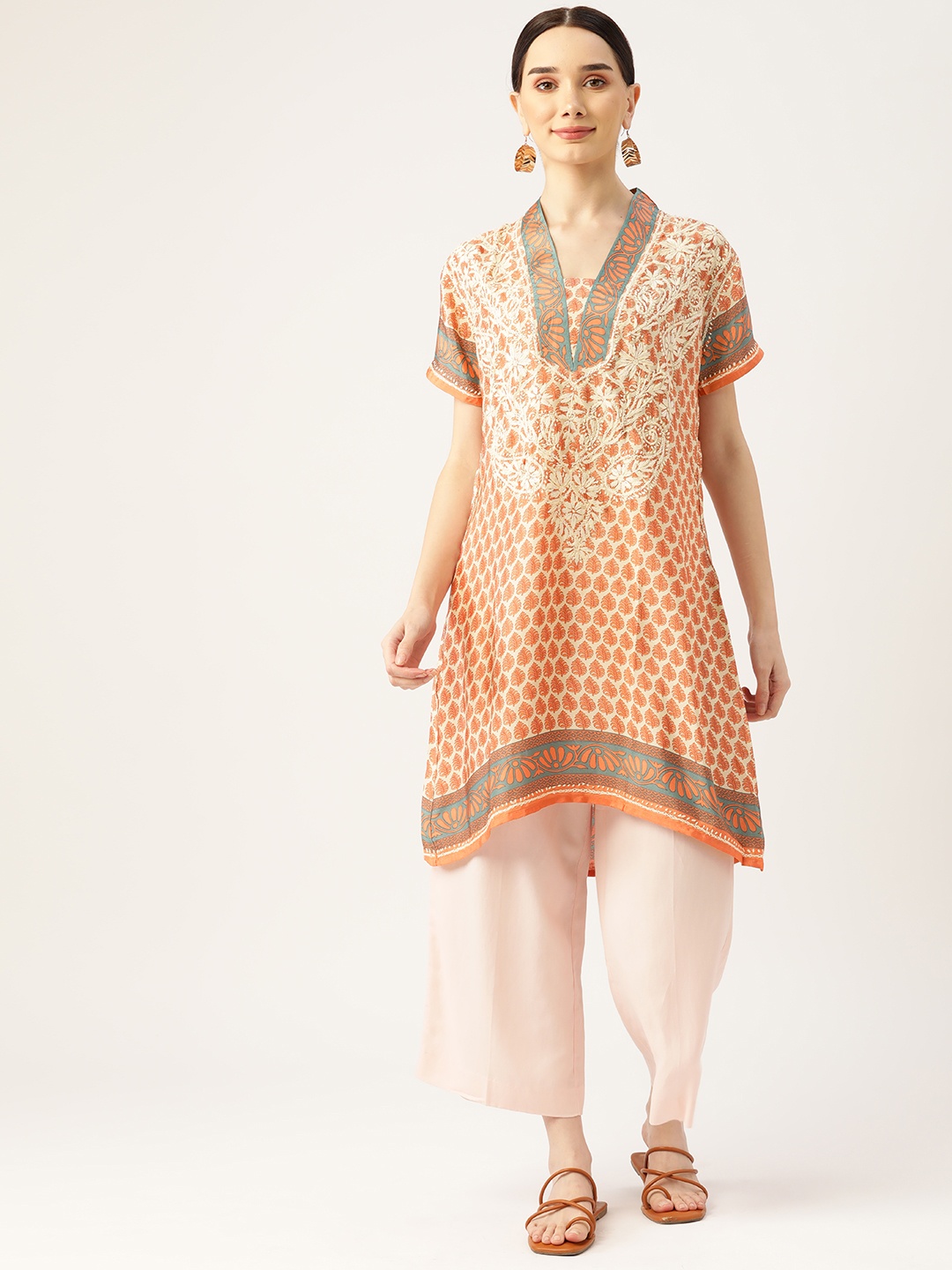 

HOUSE OF KARI Peach-Coloured & Off White Embroidered Tunic