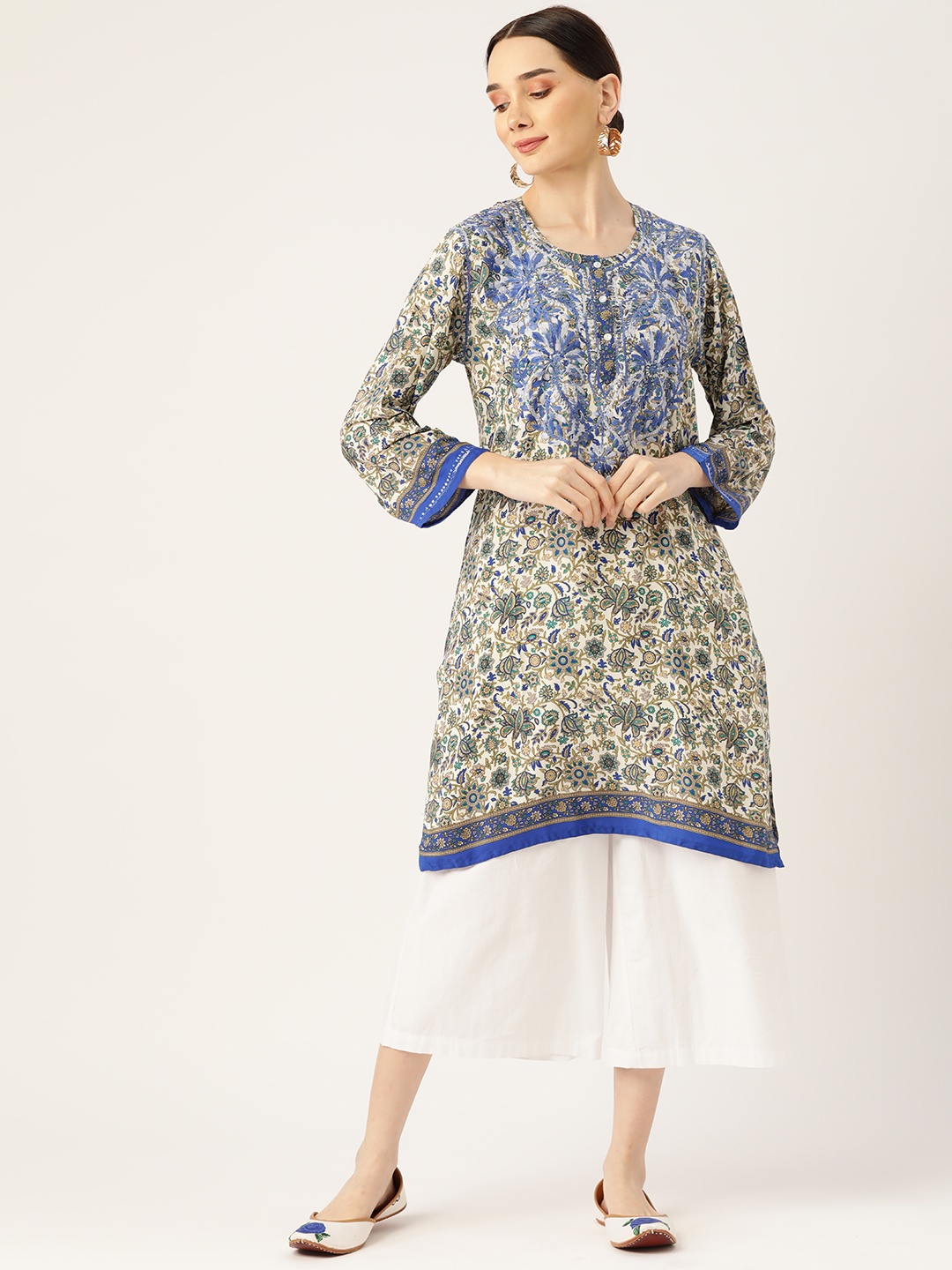 

HOUSE OF KARI White & Blue Embroidered Tunic