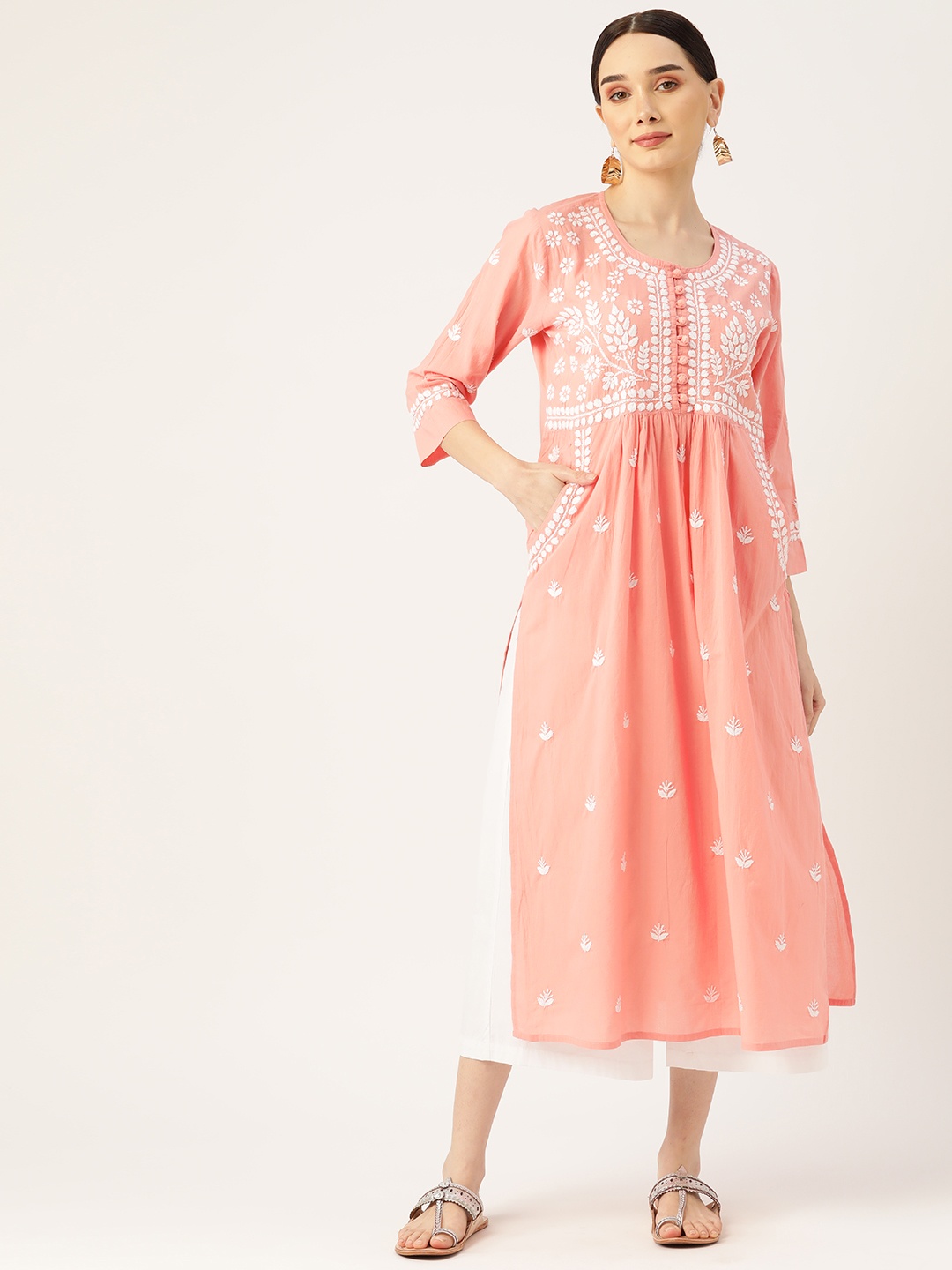 

HOUSE OF KARI Women Pink Floral Chikankari Floral Kurta