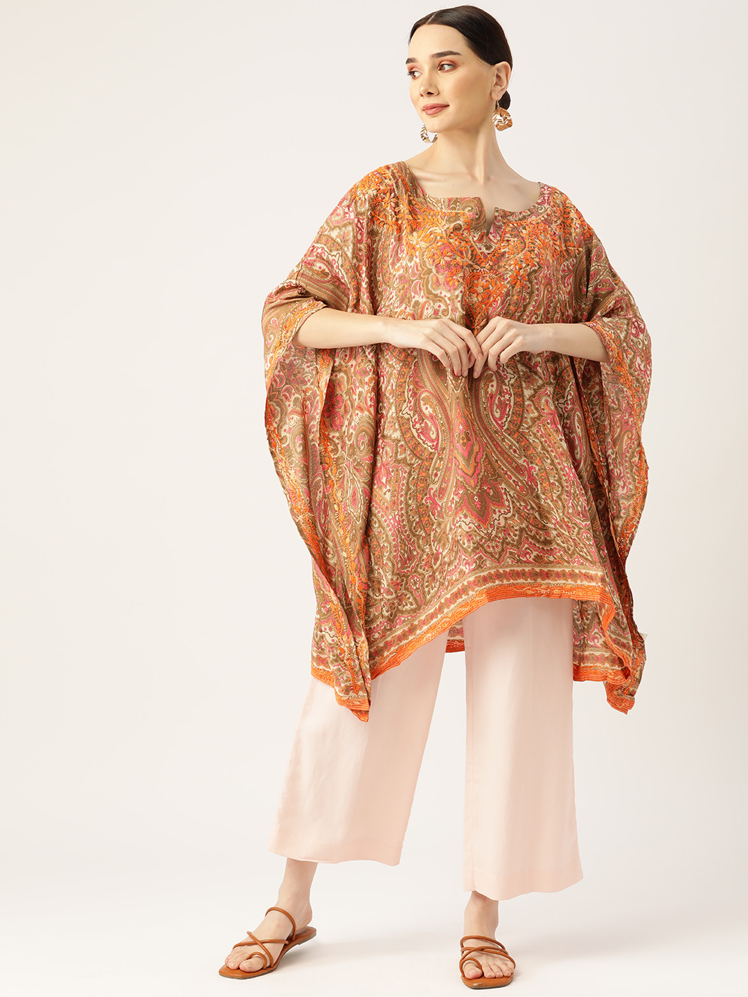 

HOUSE OF KARI Orange & Pink Ethnic Motifs Printed Flared Sleeves Kaftan Kurti