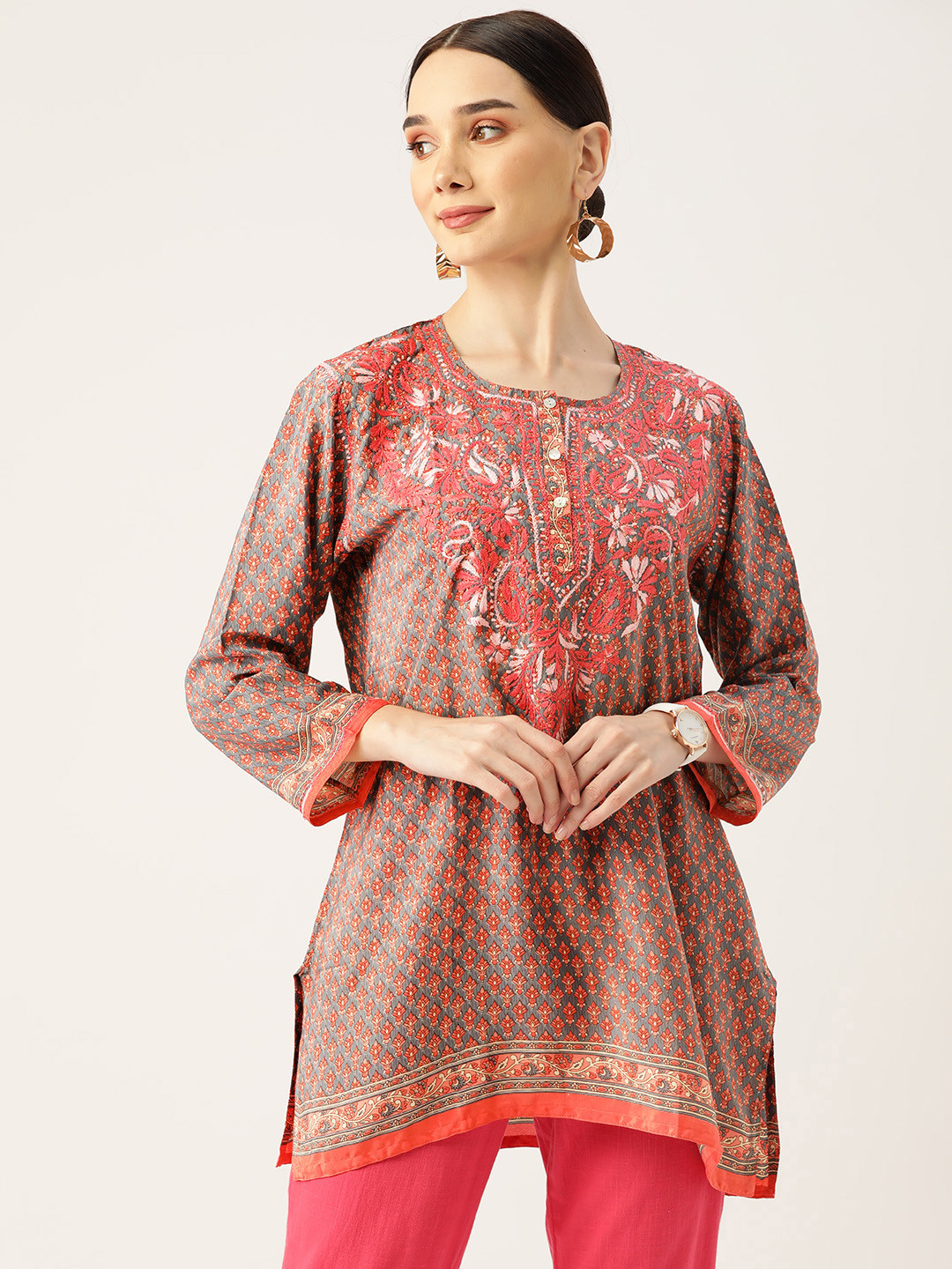 

HOUSE OF KARI Grey & Pink Printed Tunic with Chikankari Embroidered Detail