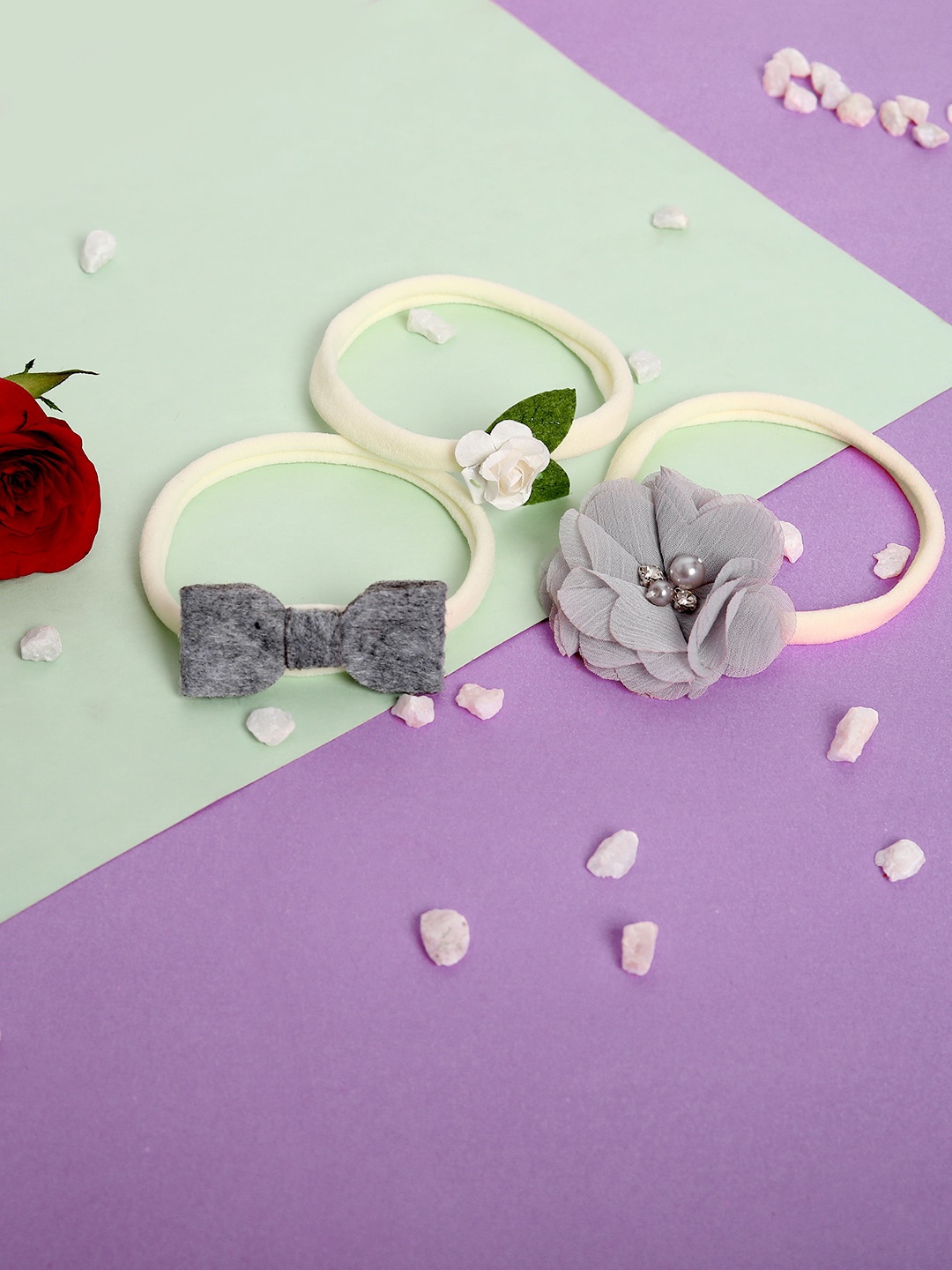 

Babymoon Girls Set Of 3 Bow Headbands, Grey