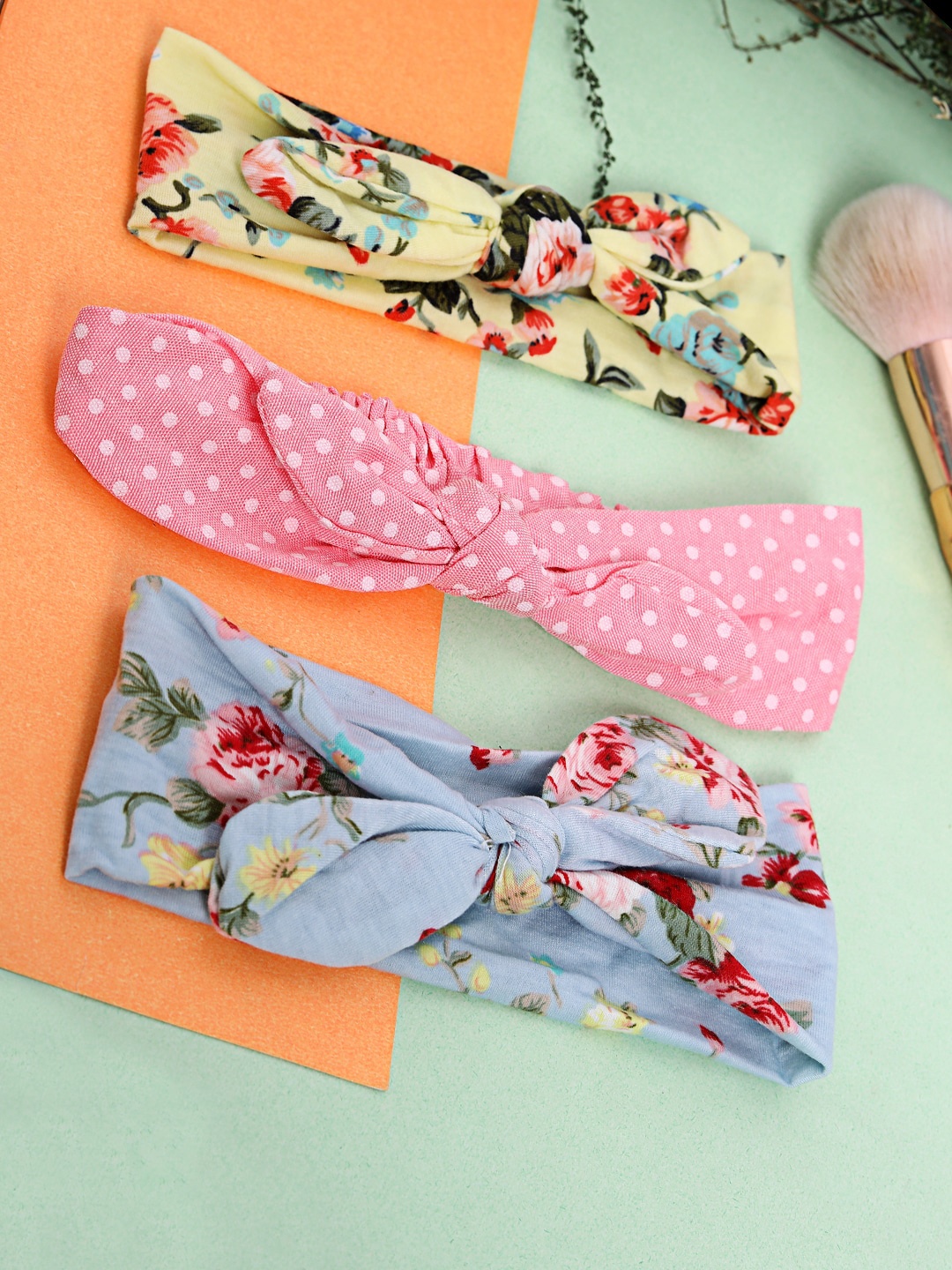 

Babymoon Girls Set Of 3 Floral Yellow, Blue& Polka Dot Pink Headbands