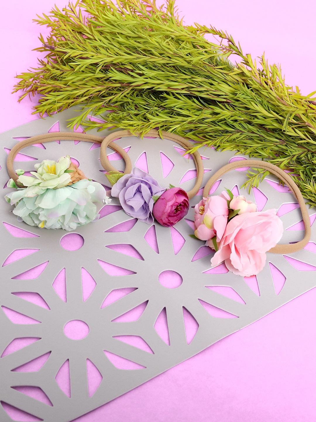 

Babymoon Girls Set of 3 Pink, Purple & Green Flower Headband
