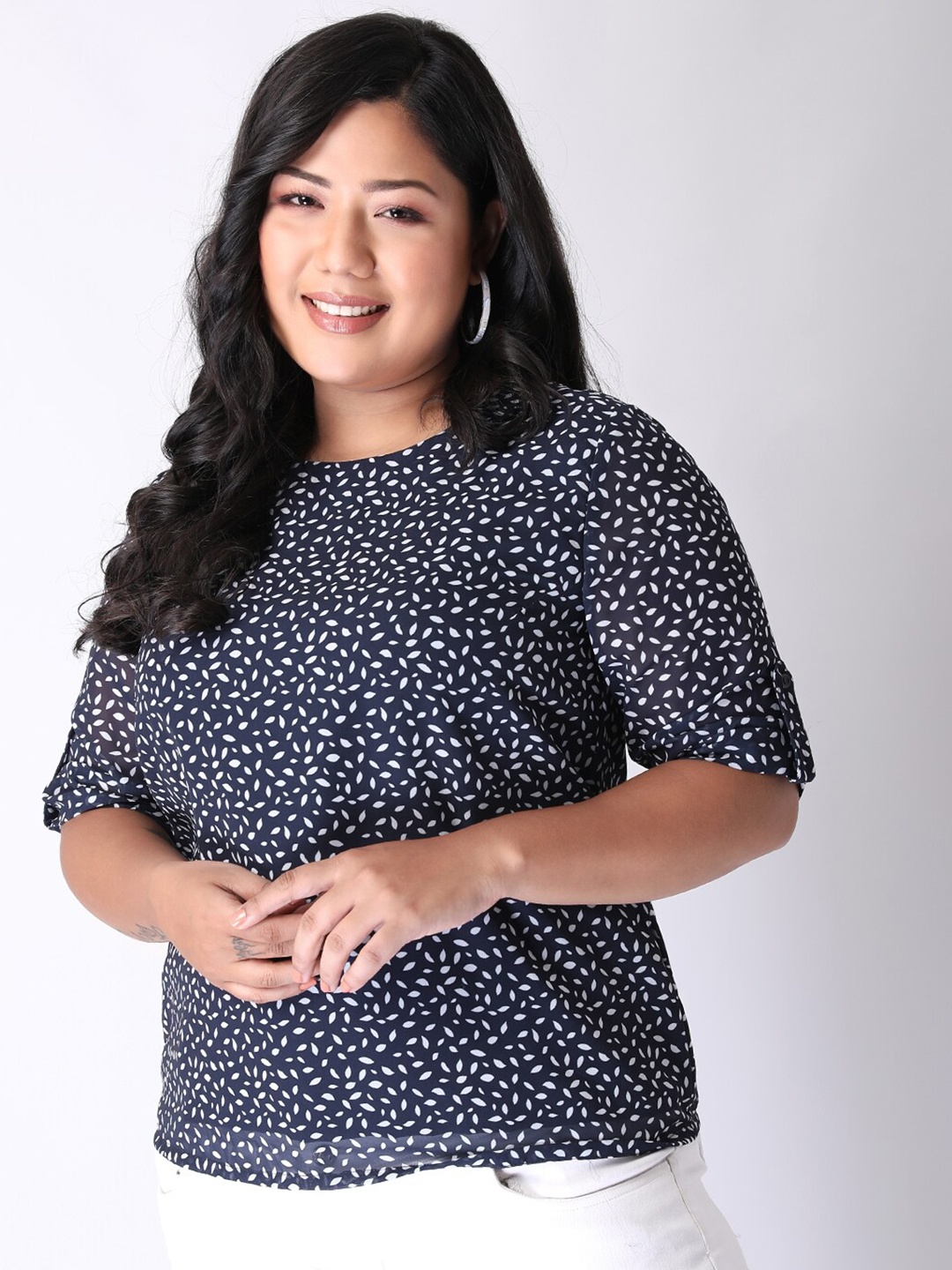 

FabAlley Curve Navy Blue Print Georgette Top