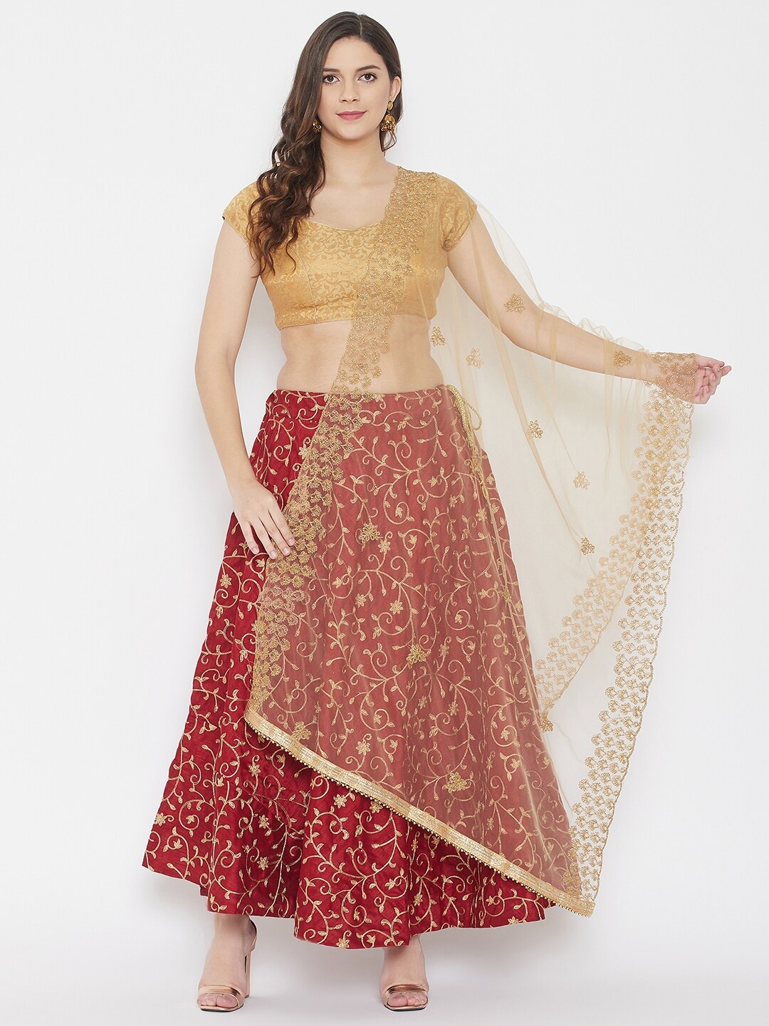 

Clora Creation Beige & Gold-Toned Ethnic Motifs Embroidered Net Dupatta