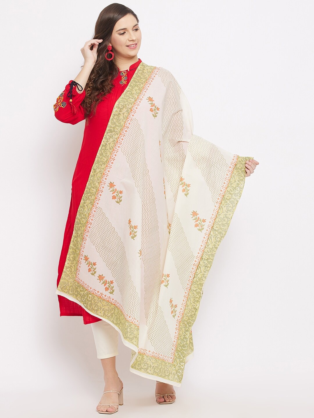

Clora Creation Off White & Green Printed Pure Cotton Dupatta
