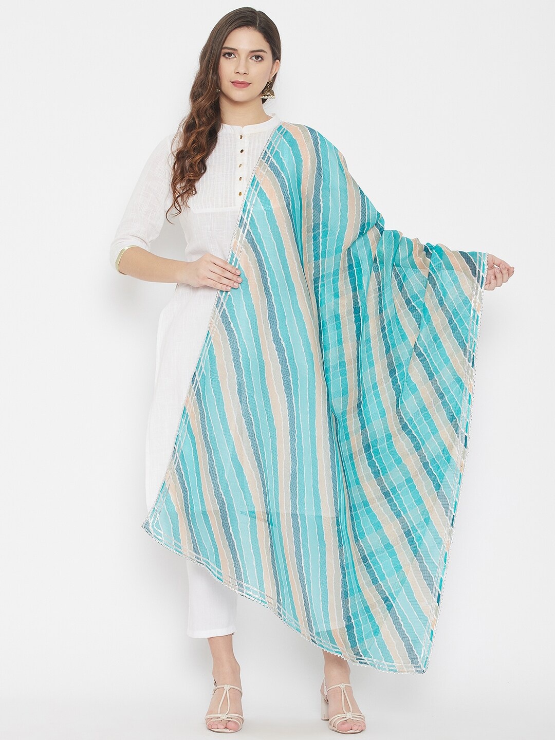 

Clora Creation Blue & Peach-Coloured Striped Dupatta with Gotta Patti