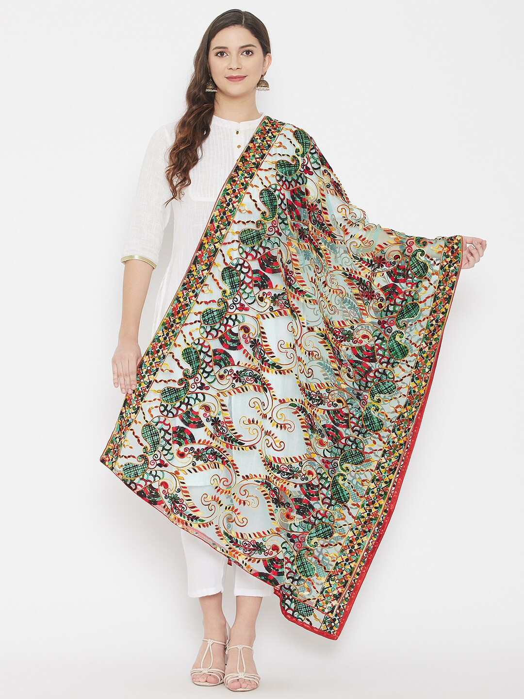 

Clora Creation Green & White Ethnic Motifs Embroidered Dupatta with Thread Work