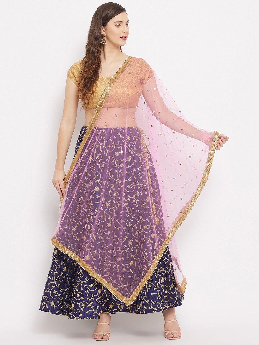 

Clora Creation Pink & Gold-Toned Embroidered Dupatta with Sequinned