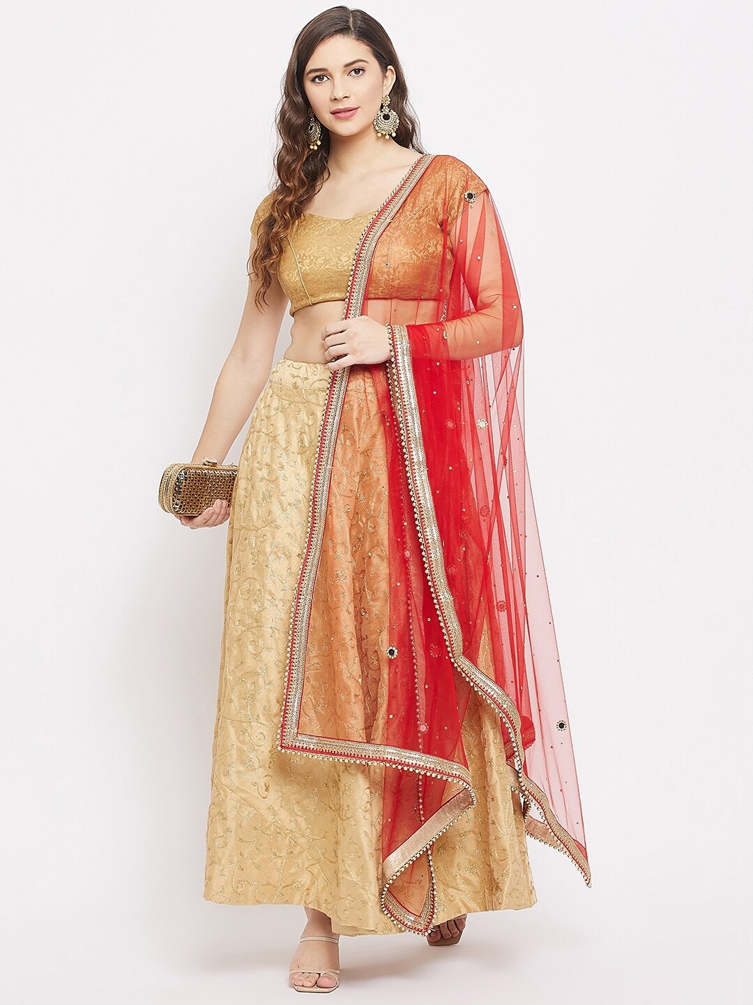 

Clora Creation Red & Gold Ethnic Motifs Embroidered Dupatta with Beads and Stones