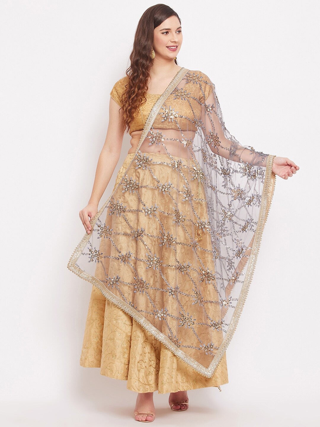 

Clora Creation Grey & Gold-Toned Embroidered Sequinned Dupatta