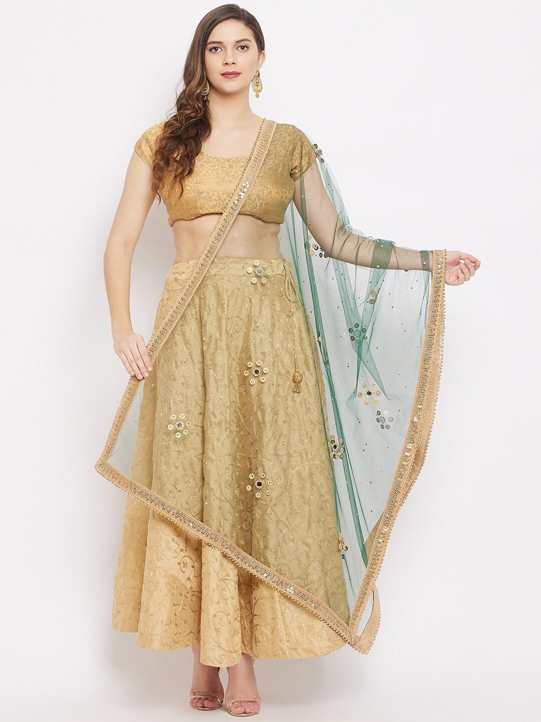 

Clora Creation Green & Gold-Toned Ethnic Motifs Embroidered Dupatta with Beads and Stones