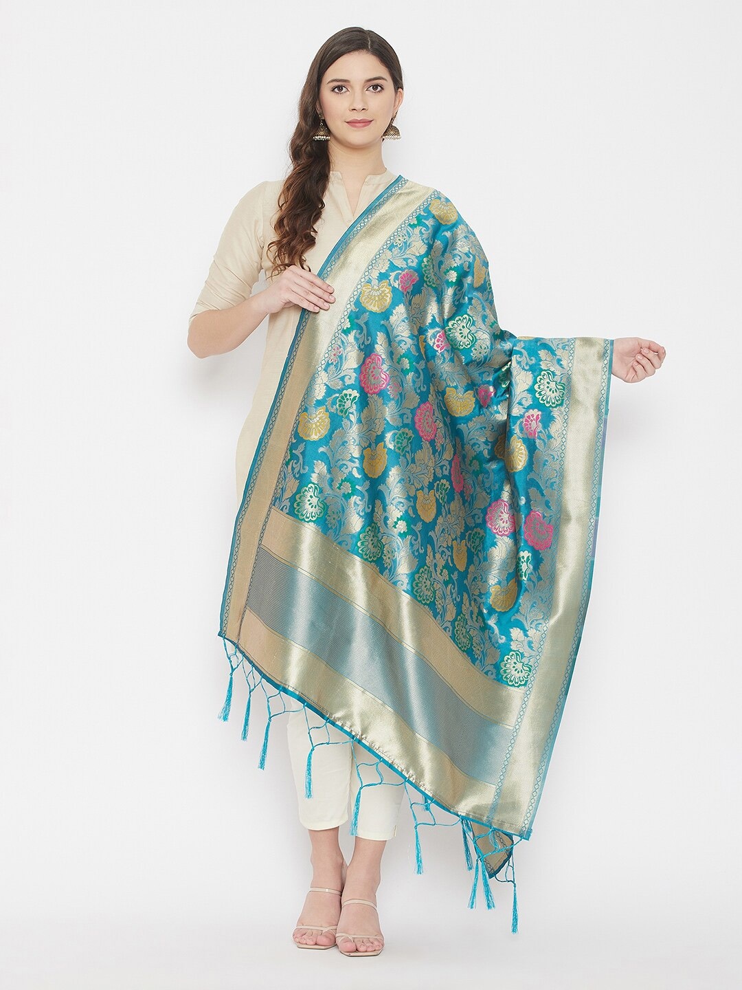 

Clora Creation Navy Blue & Pink Woven Design Dupatta with Zari