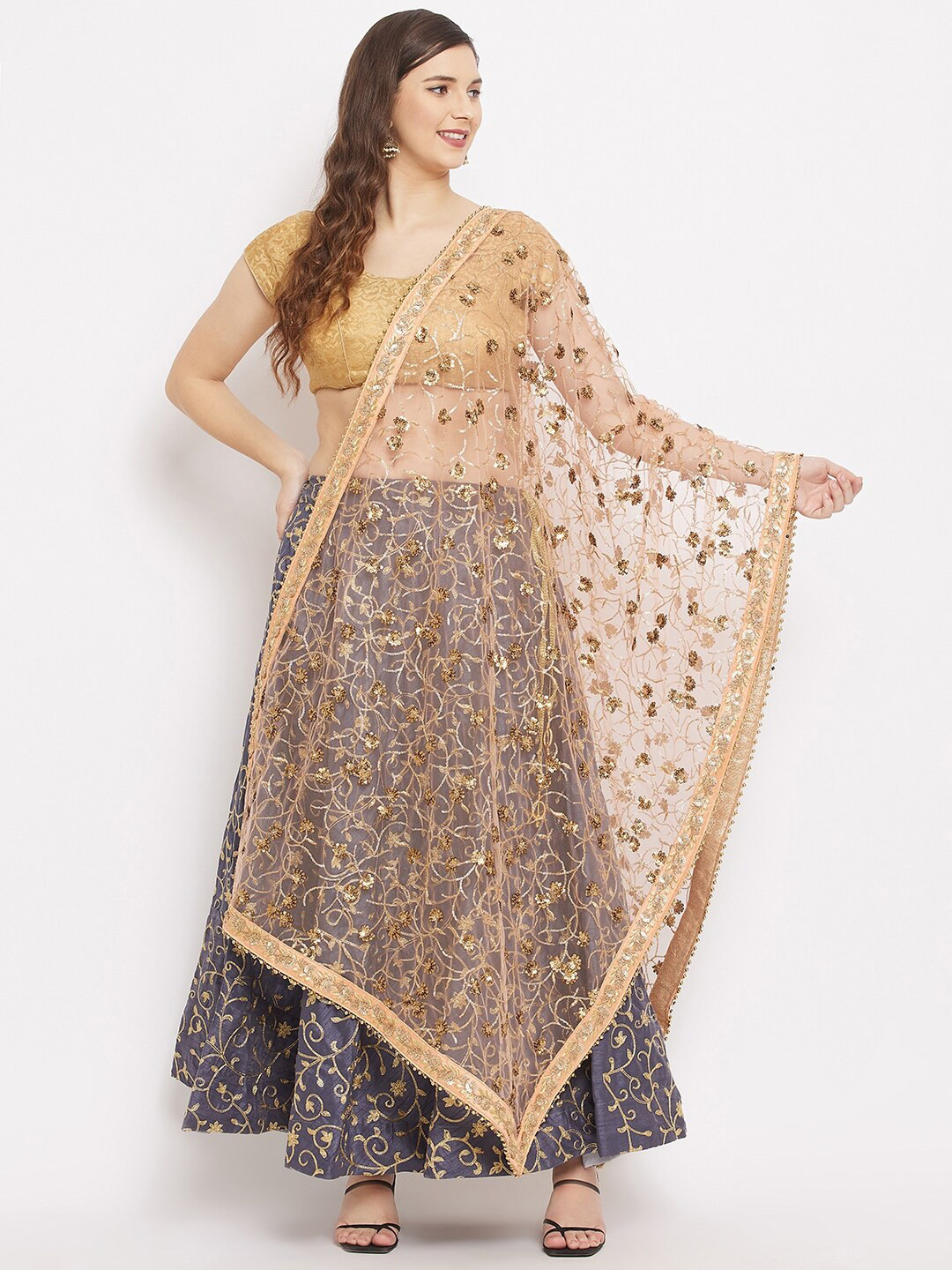 

Clora Creation Gold-Toned Ethnic Motifs Embroidered Net Dupatta with Sequinned