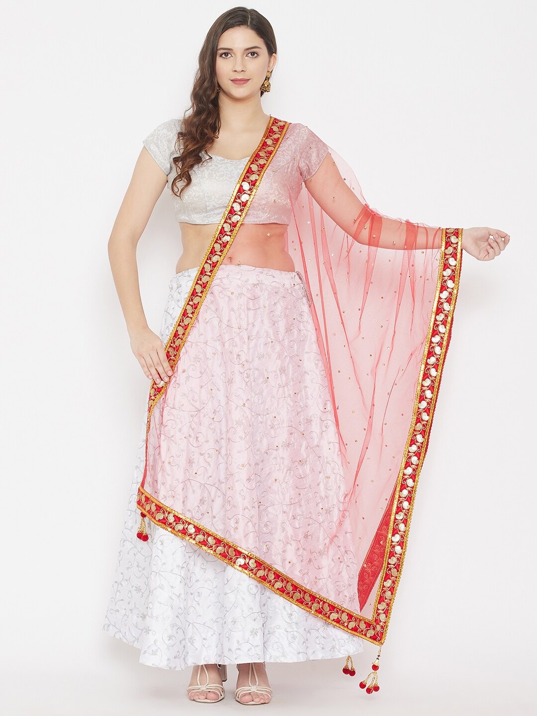 

Clora Creation Red & Gold Ethnic Motifs Embroidered Dupatta with Sequinned