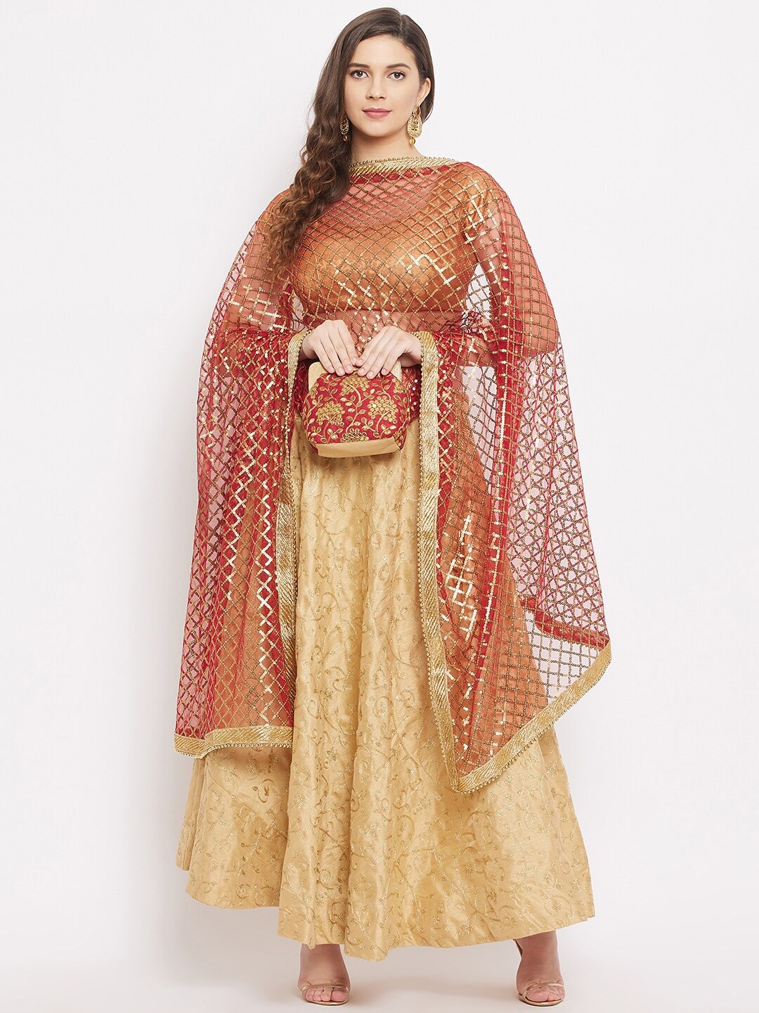 

Clora Creation Red & Gold-Toned Ethnic Motifs Embroidered Dupatta with Sequinned