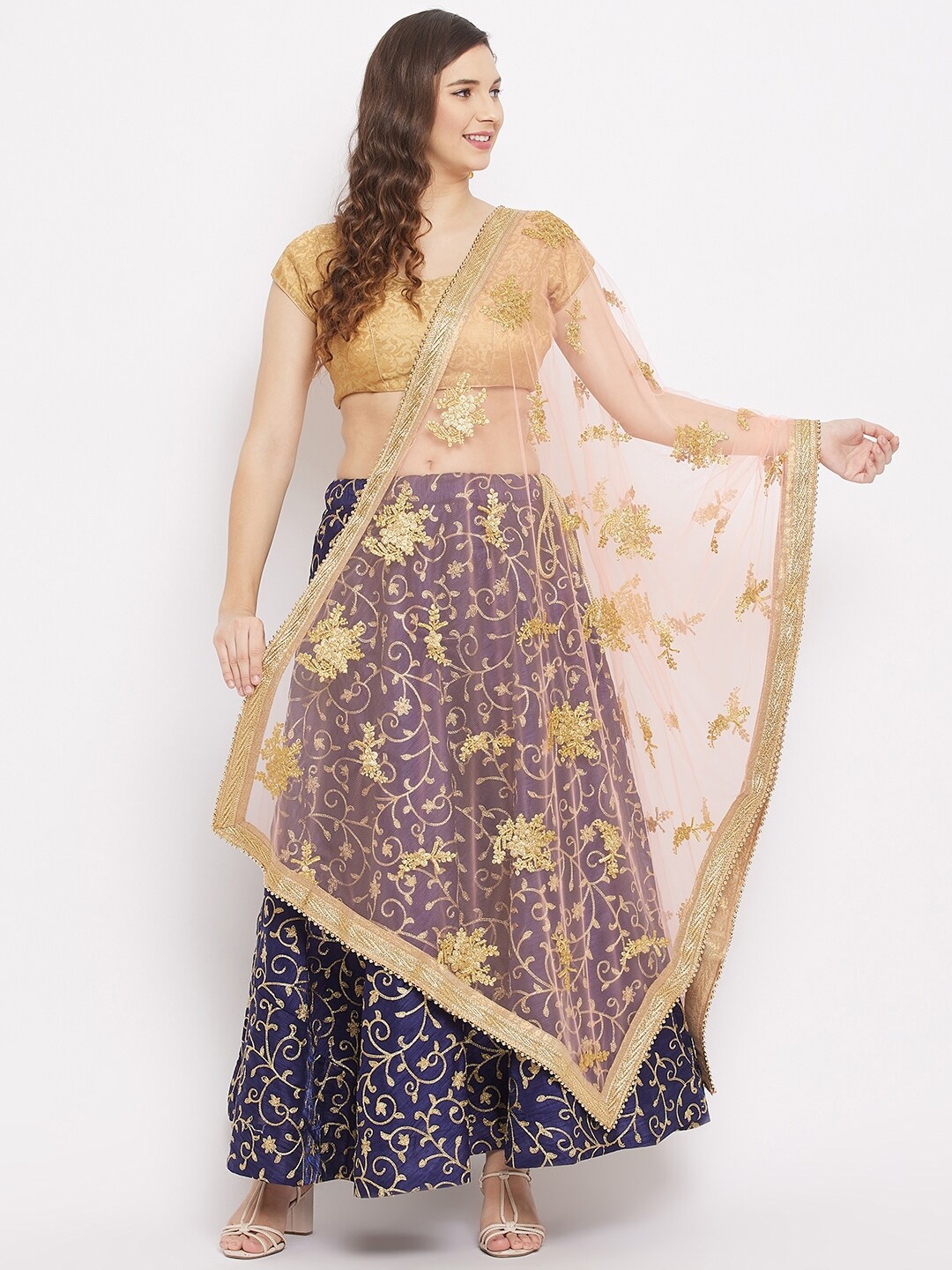 

Clora Creation Peach-Coloured & Blue Ethnic Motifs Embroidered Dupatta with Gotta Patti