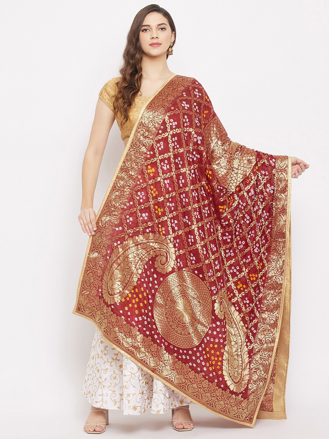 

Clora Creation Maroon & Gold-Toned Ethnic Motifs Woven Design Dupatta